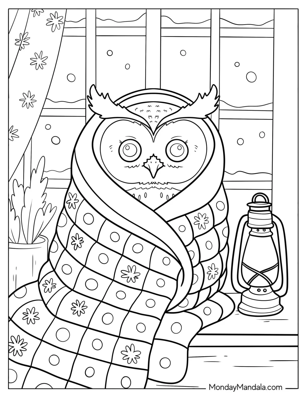 Cozy Owl Coloring Page Wrapped in a Blanket in Winter coloring page