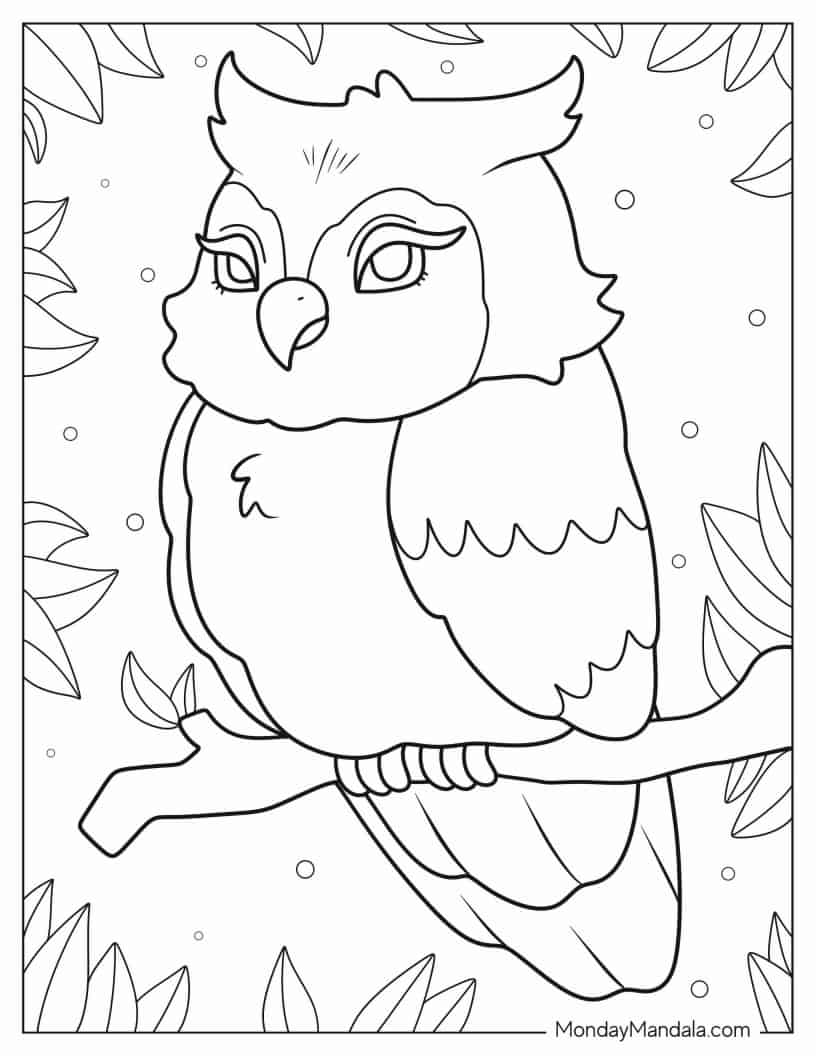 Cute Owl Sitting In Tree During Night coloring page