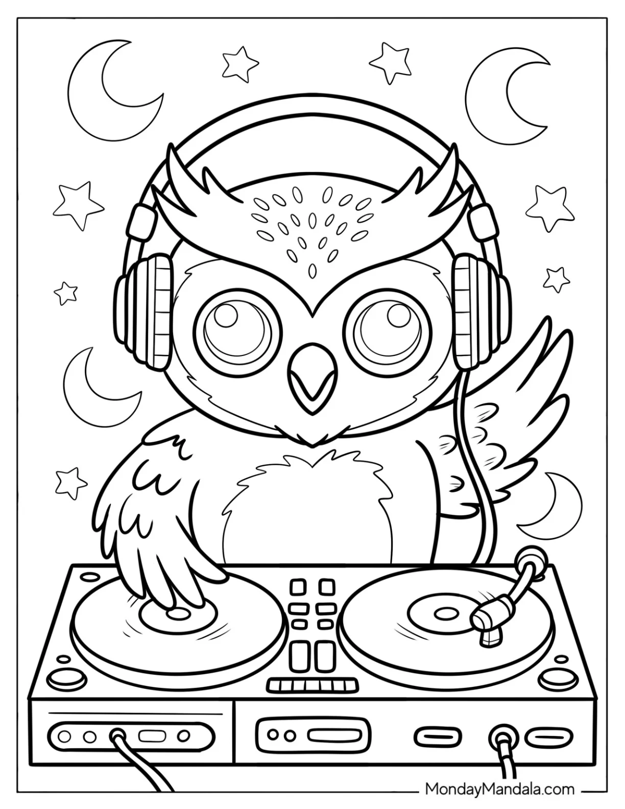 DJ Owl Coloring Page Playing Music for Kids coloring page