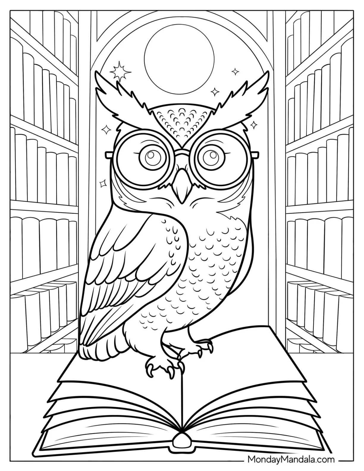 Grandfather Owl Coloring Page with Glasses Standing on a Book in a Library coloring page