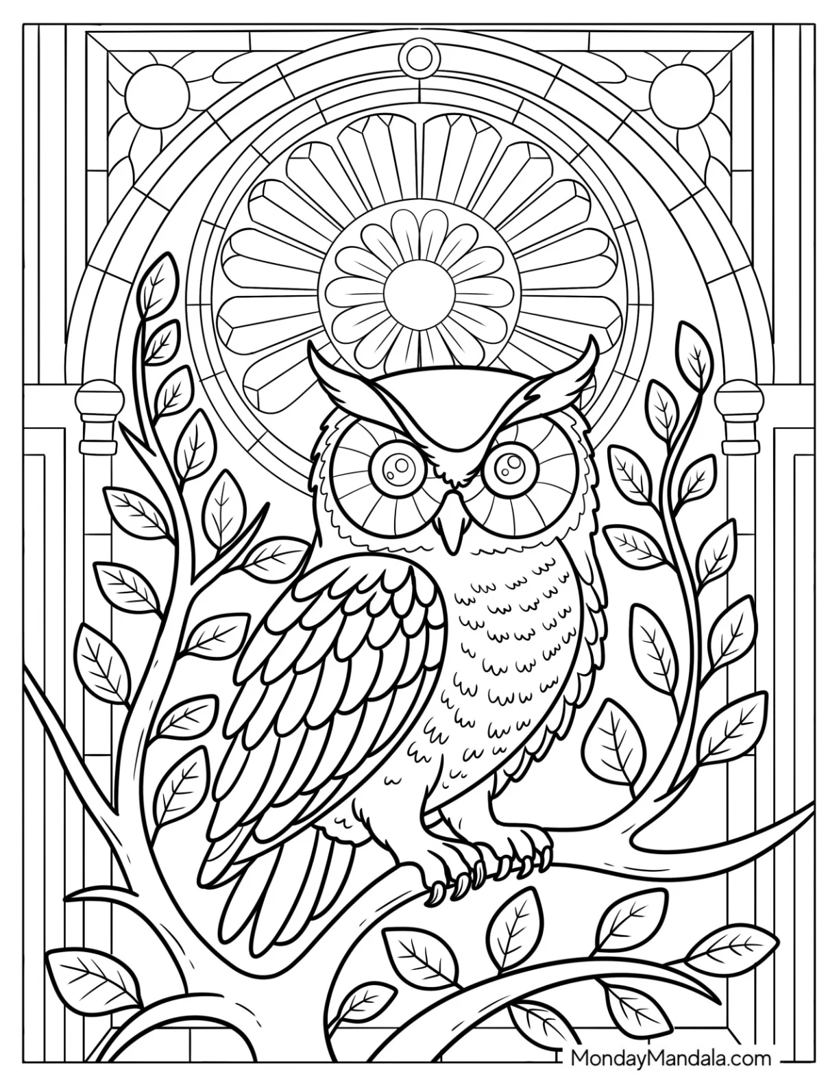 Majestic Owl Coloring Page on a Branch in Front of a Stained Glass coloring page