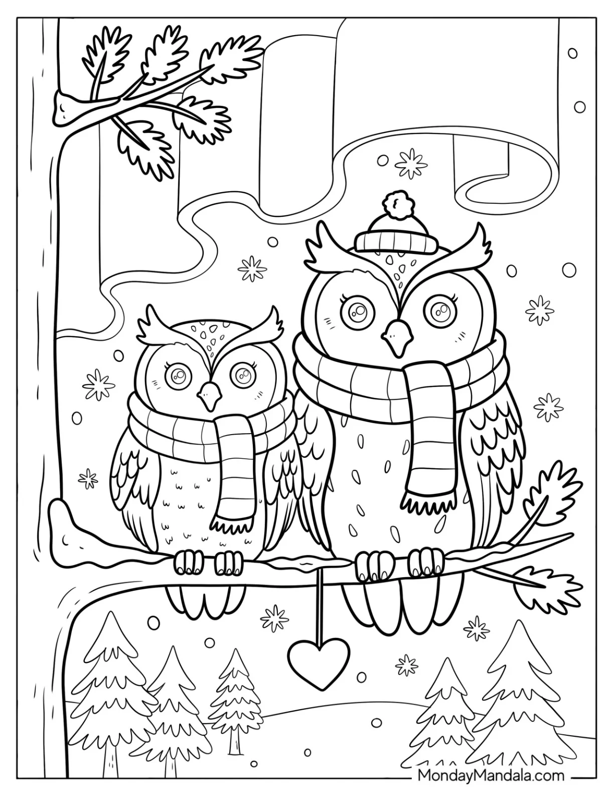 Mama Owl Coloring Page with Baby Owl in Scarves in Winter coloring page