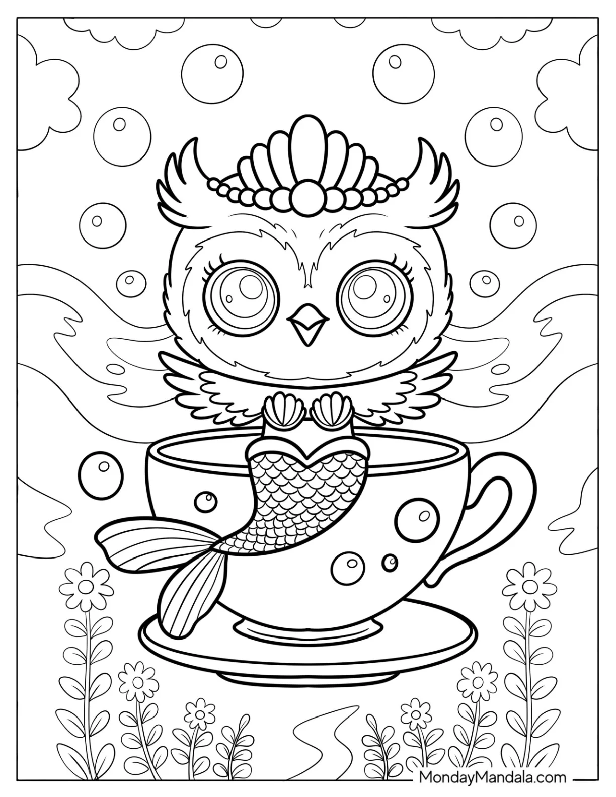 Mermaid Owl Coloring Page with Pearl Crown Sitting on a Teacup coloring page