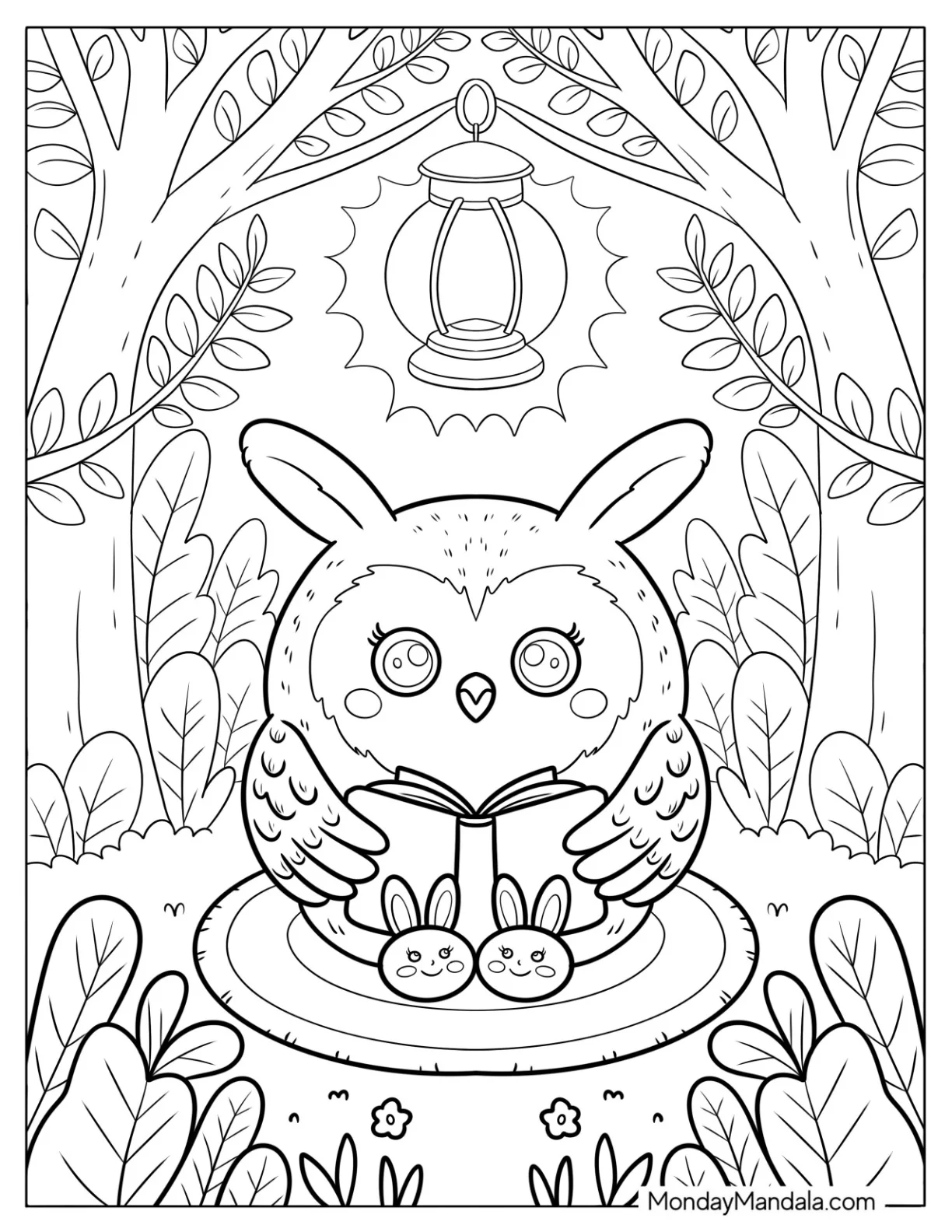Nerdy Owl Coloring Page Reading under a Lamp coloring page — printable line art