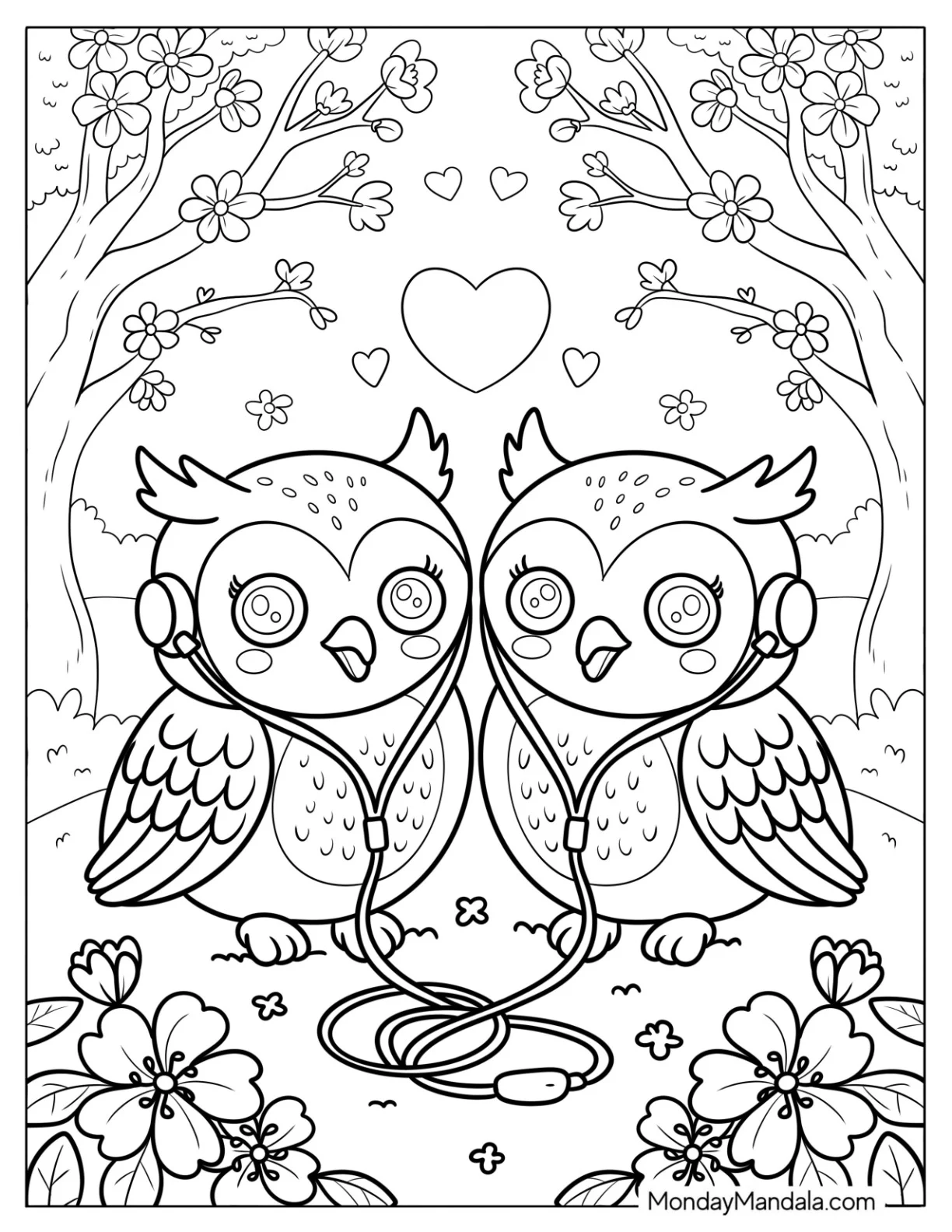 Owl Coloring Page Couple Listening to Music Together coloring page