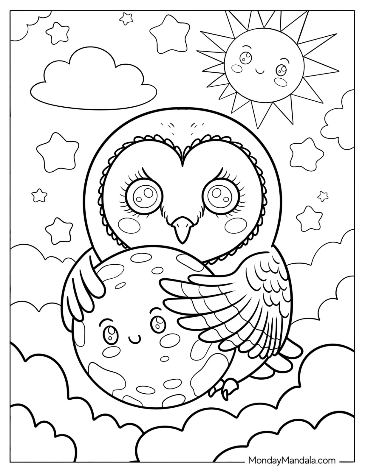 Owl Coloring Page Hugging Mother Earth in the Night Sky coloring page