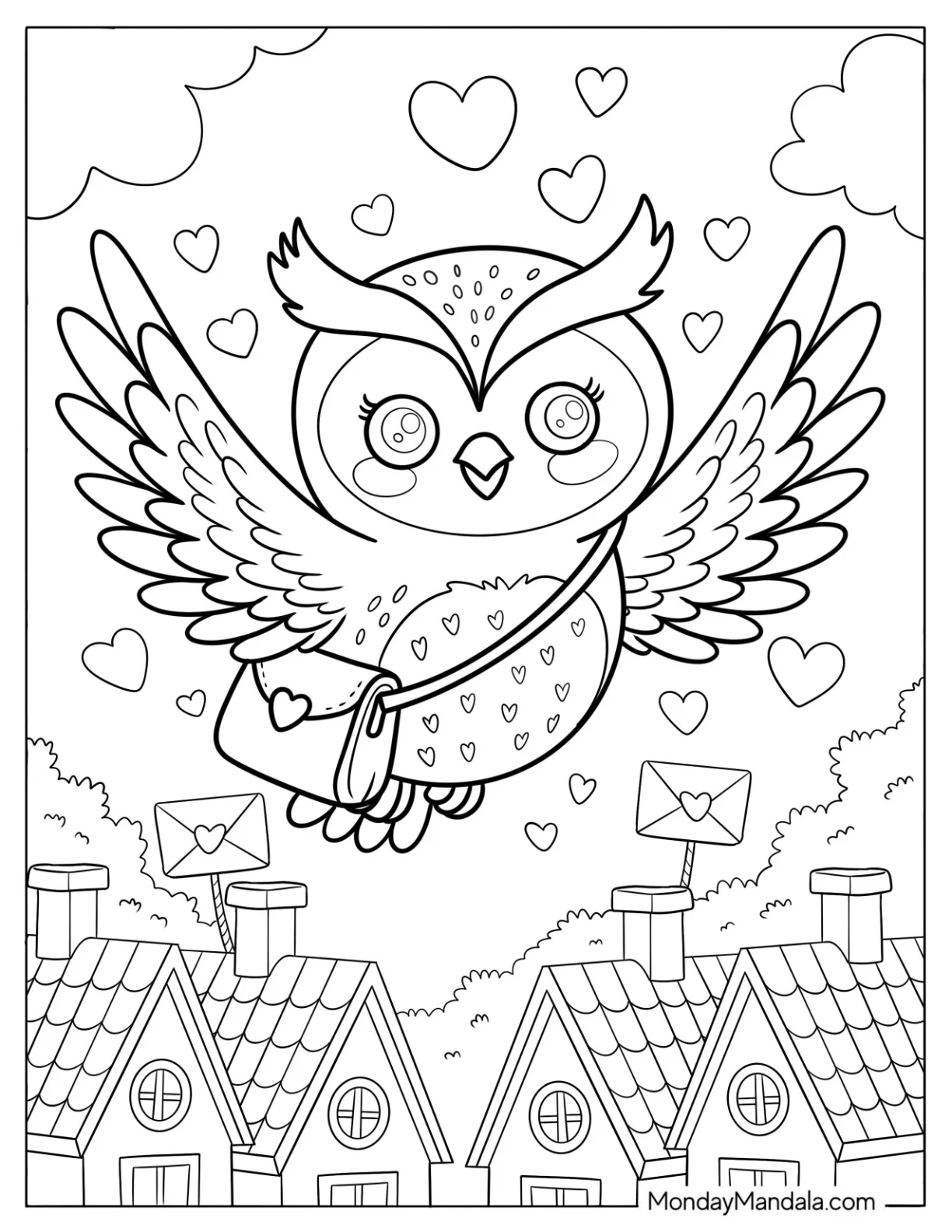 Pretty Messenger Owl Coloring Page Surrounded by Love Hearts in the Sky coloring page