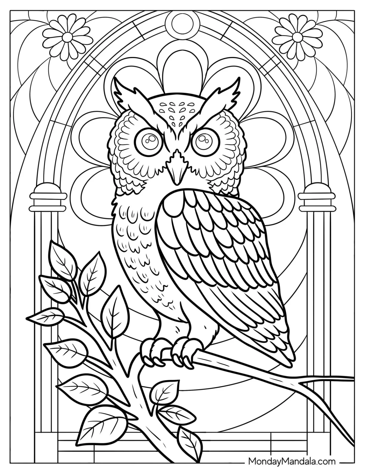 Realistic Owl Coloring Page Perched on a Tree Branch coloring page — printable line art