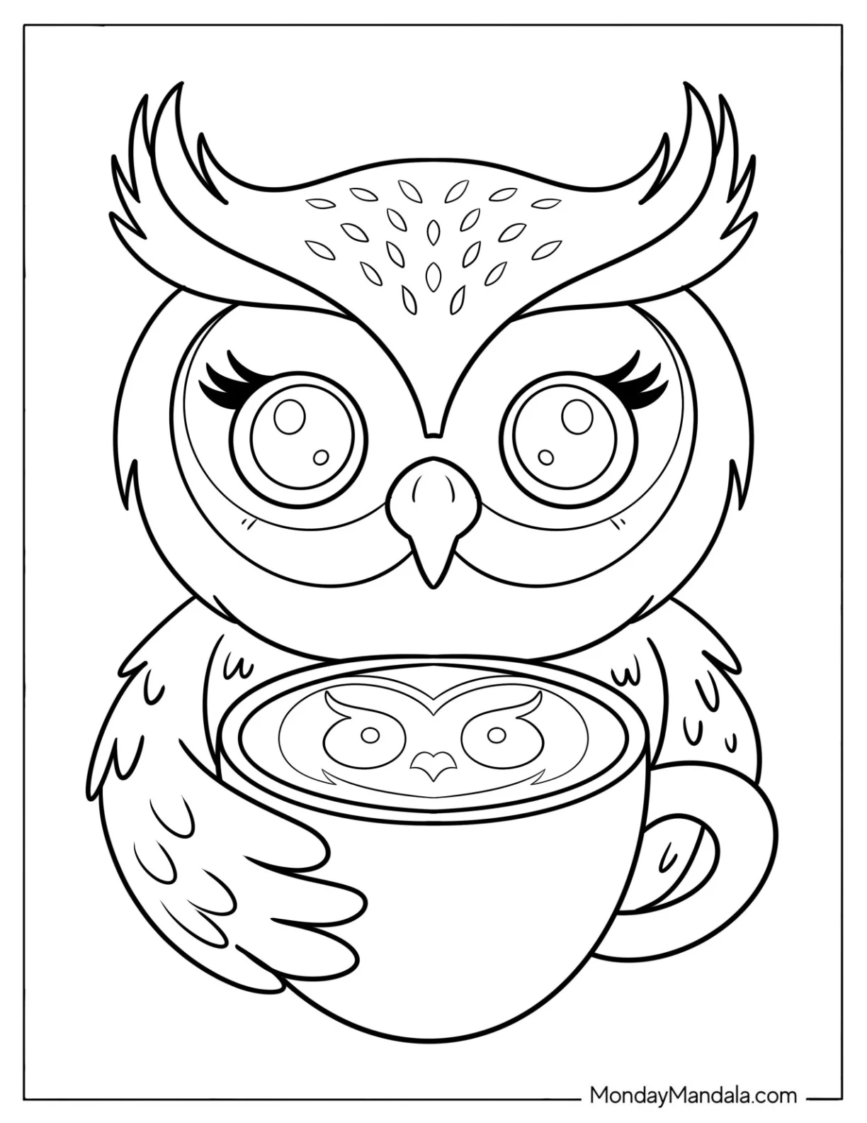 Simple Owl Coloring Page Holding a Coffee Cup with Owl Art for Kids coloring page