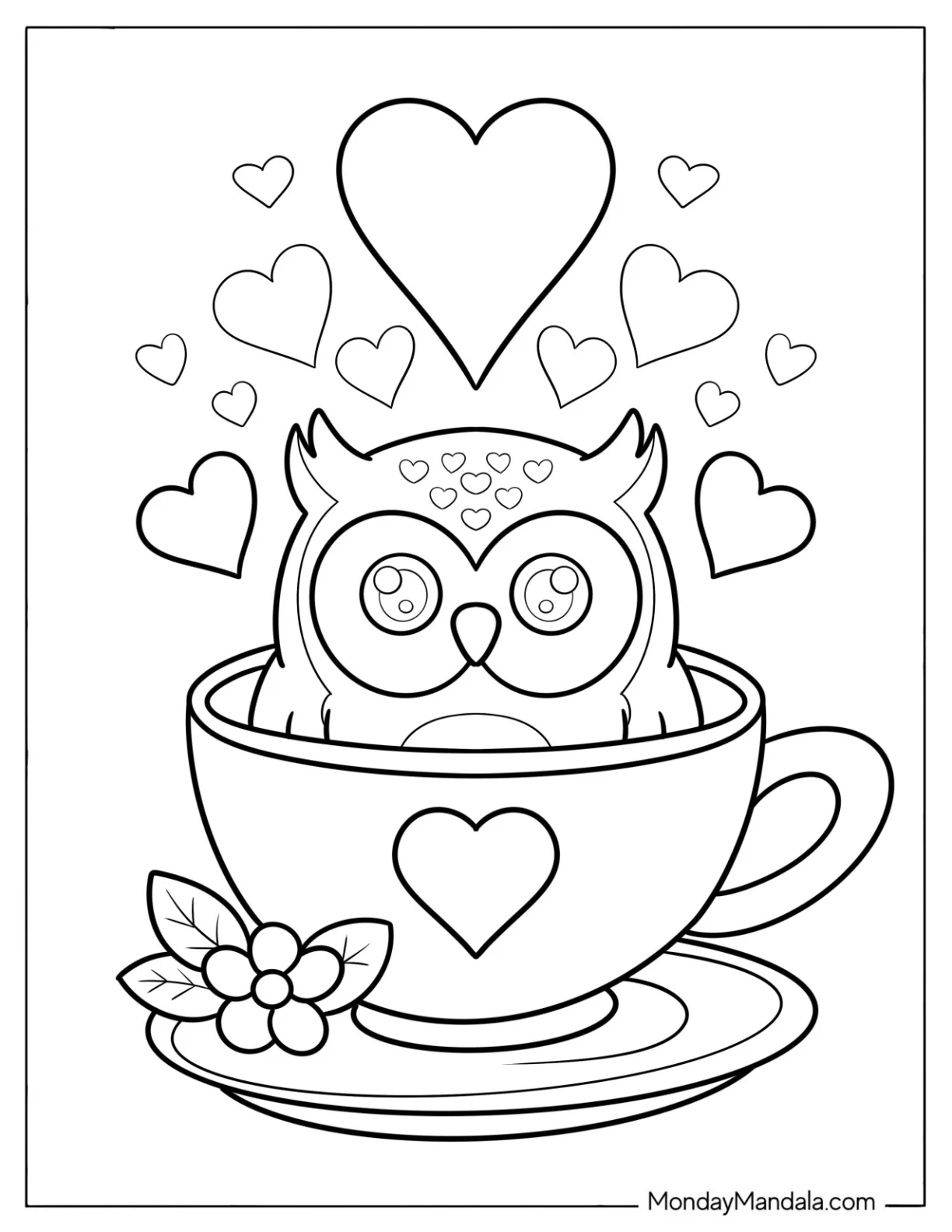 Tiny Owl Coloring Page in a Teacup with Love Hearts for Preschoolers coloring page