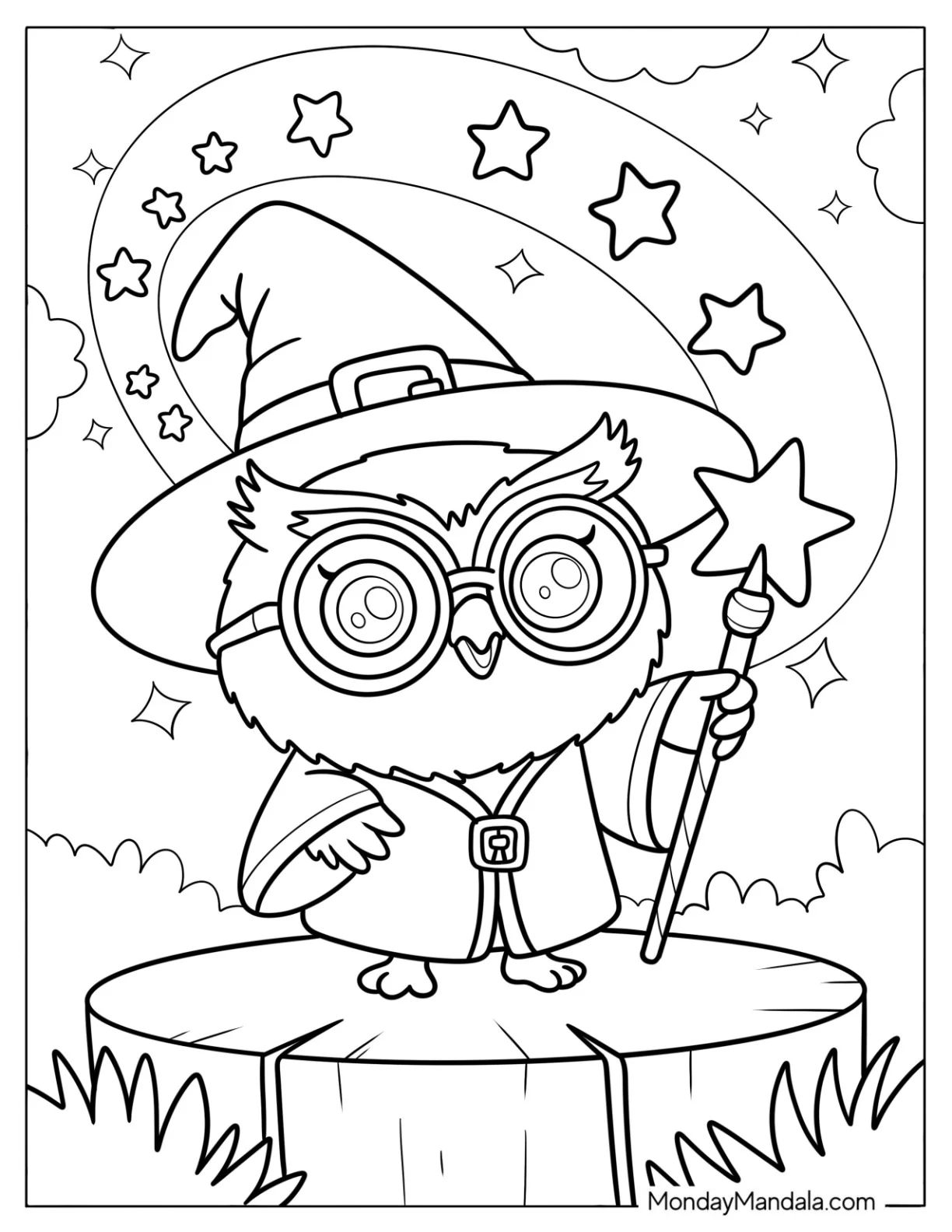 Wizard Owl Coloring Page Casting a Spell for Preschoolers coloring page
