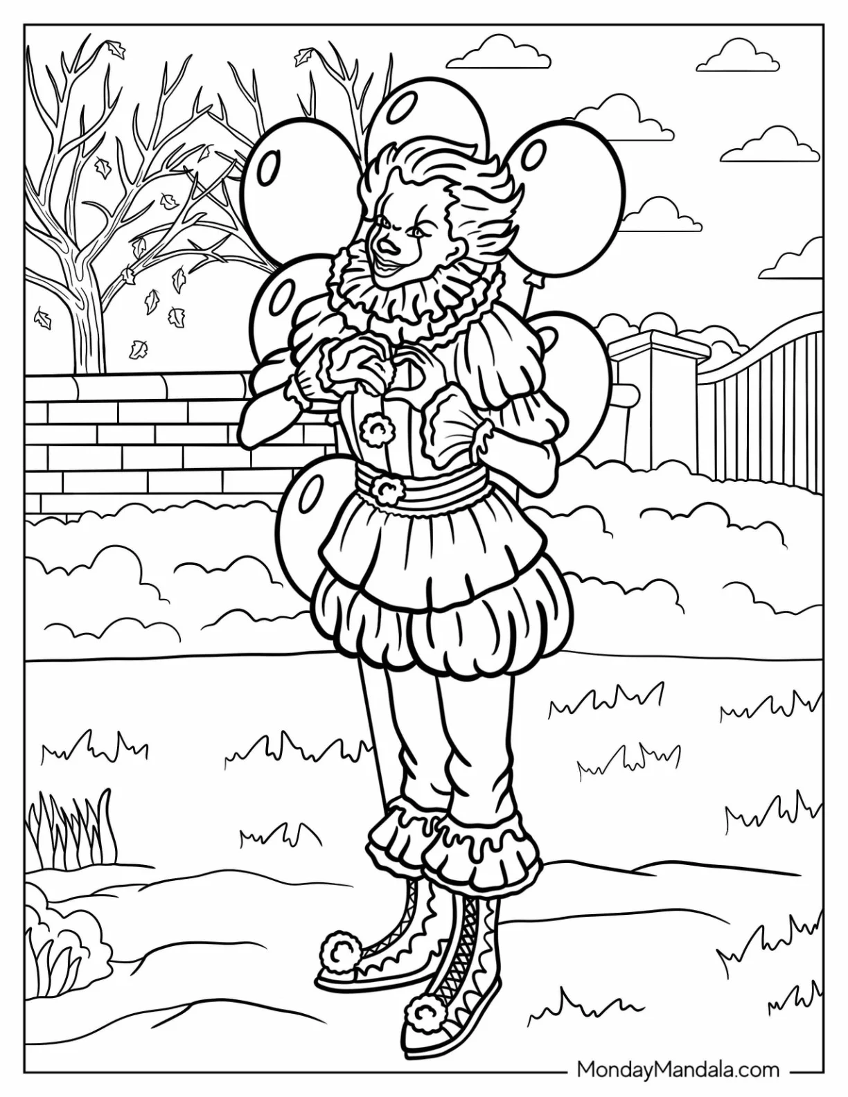 Detailed Pennywise Coloring Page Making A Heart Shape With His Hands coloring page