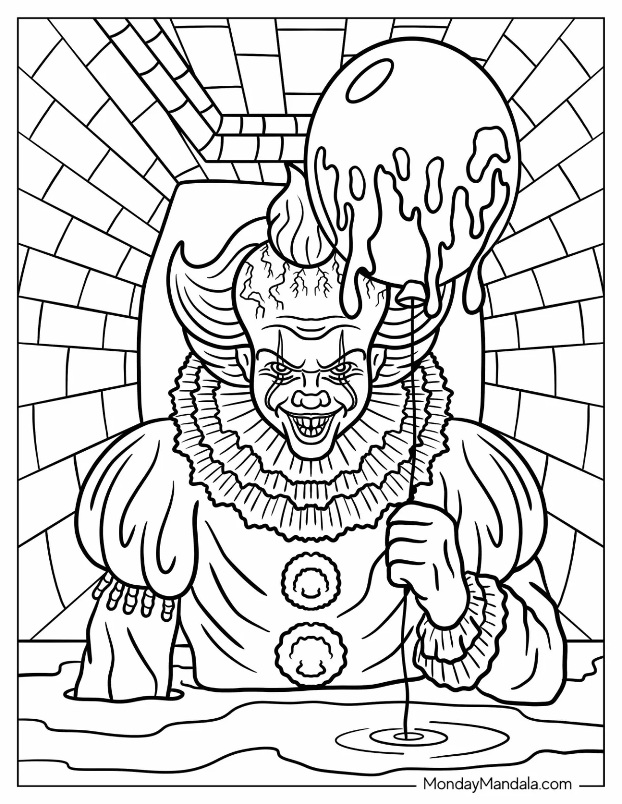 Evil Pennywise In The Sewers Holding A Balloon coloring page — printable line art