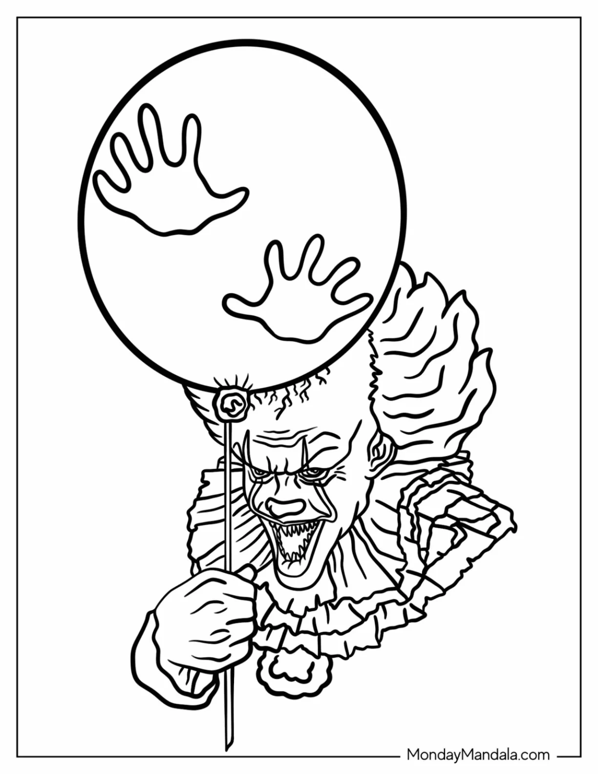 Frightening Pennywise Coloring Page Holding A Balloon With Bloody Handprints coloring page