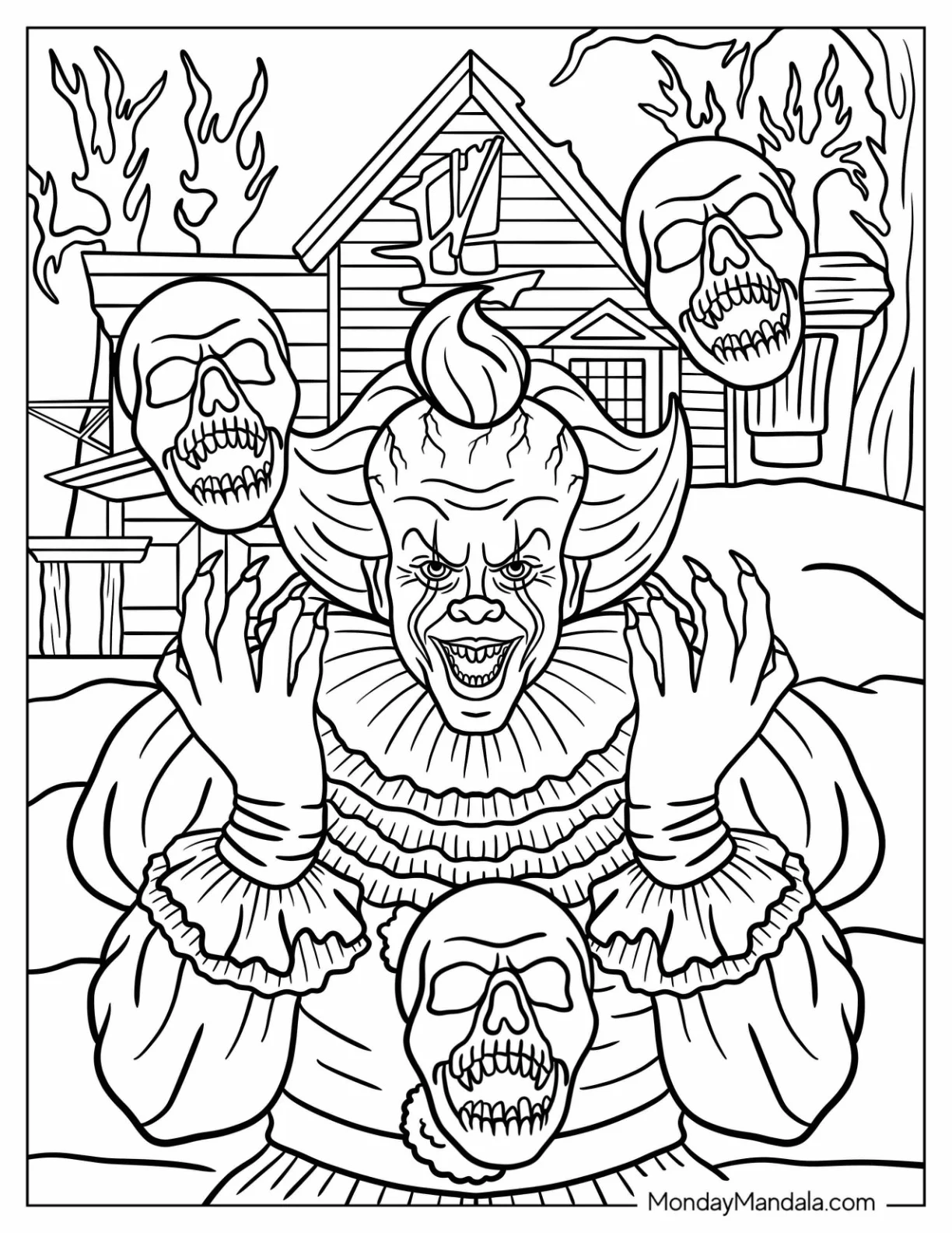 Laughing Pennywise With Skulls In Front Of A Haunted House coloring page
