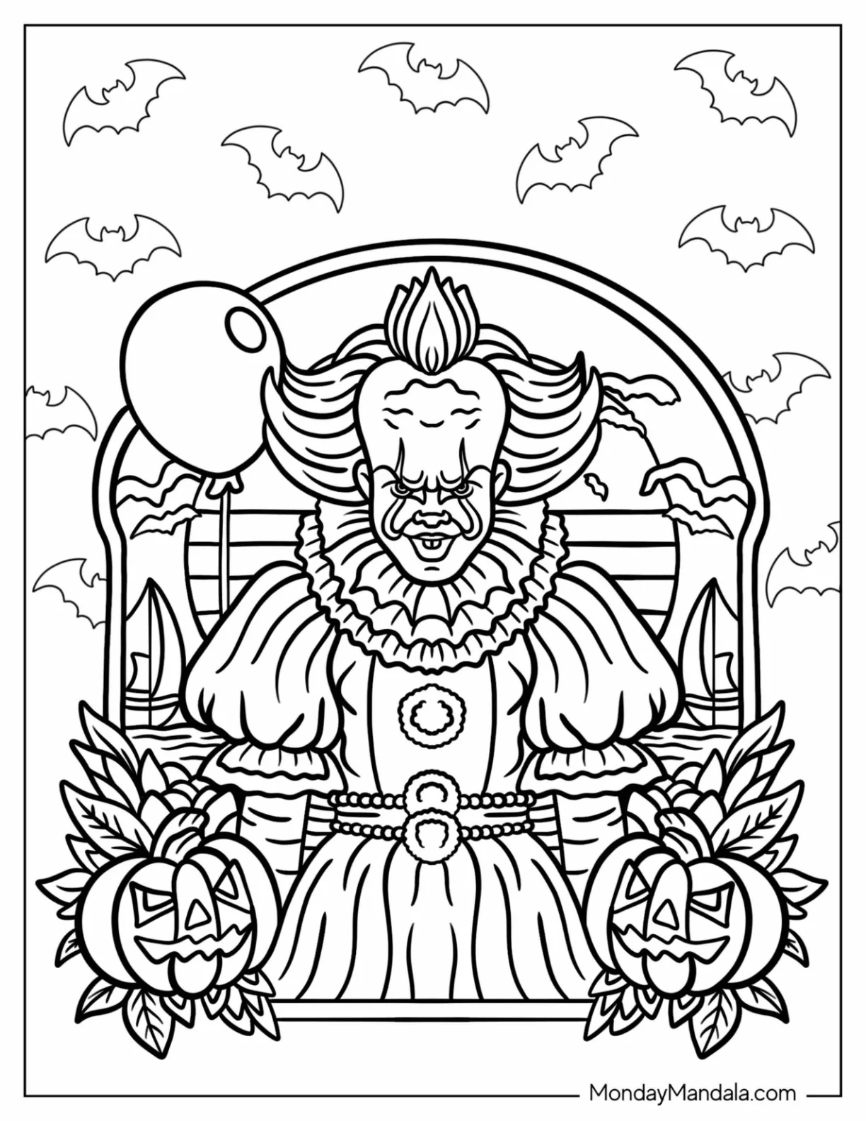 Pennywise Coloring Page With Bats And Jack O Lanterns coloring page