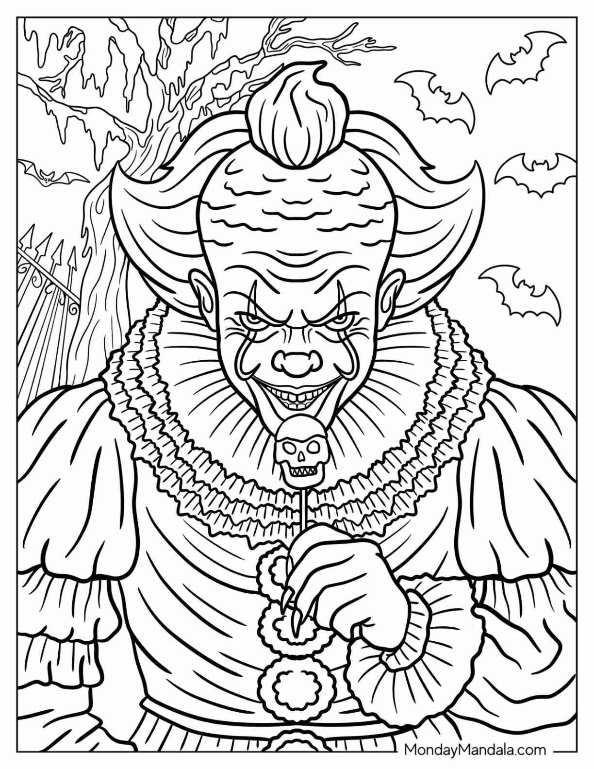 Pennywise Holding A Skull Lollipop Coloring Page coloring page — printable line art