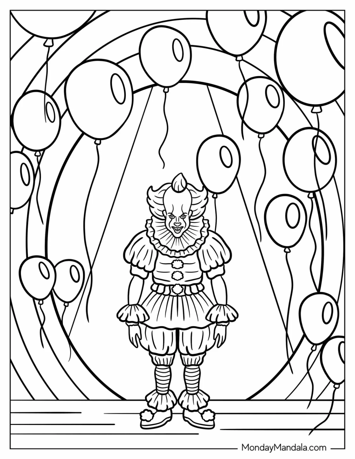 Pennywise On A Stage Surrounded By Balloons coloring page