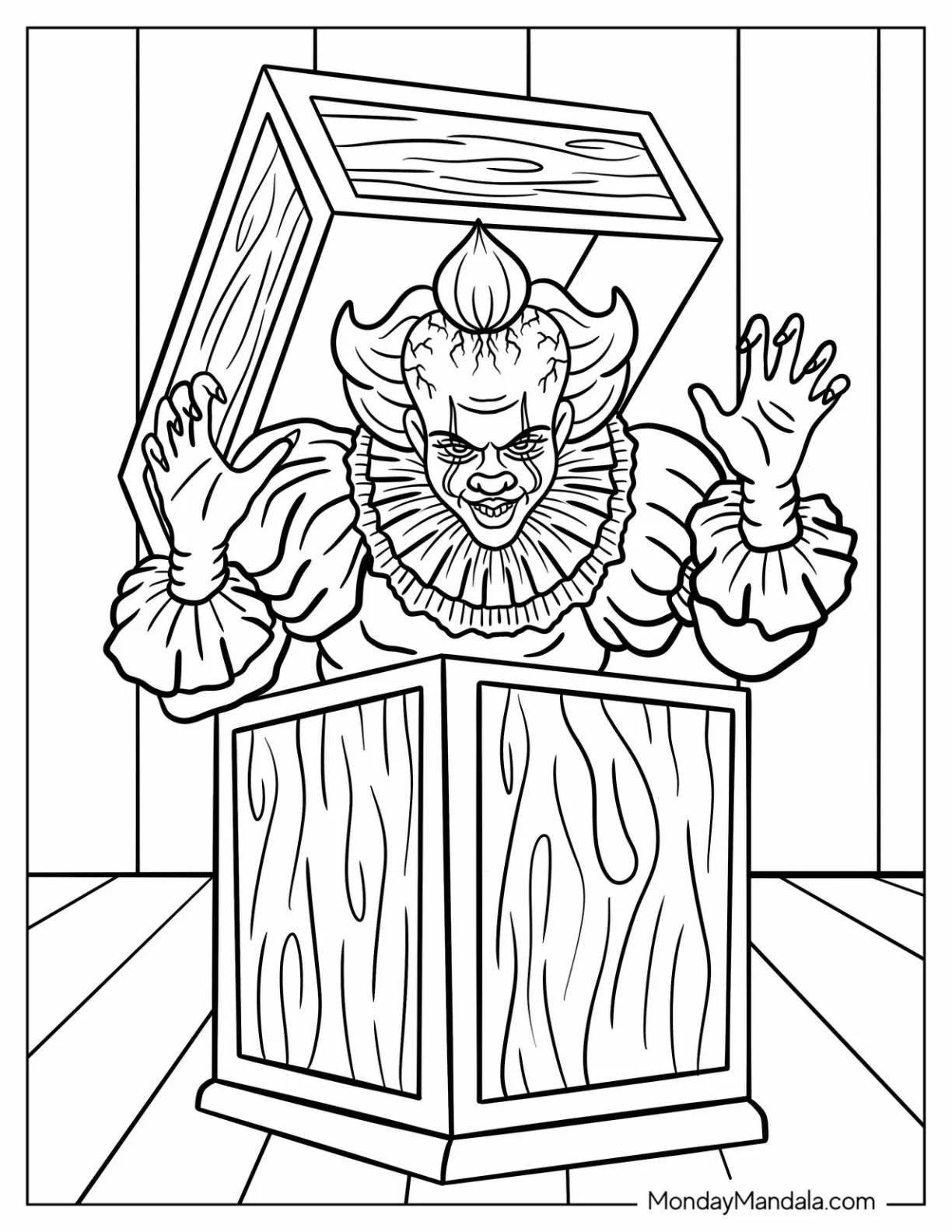 Pennywise Popping Out Of A Box Coloring Sheet coloring page