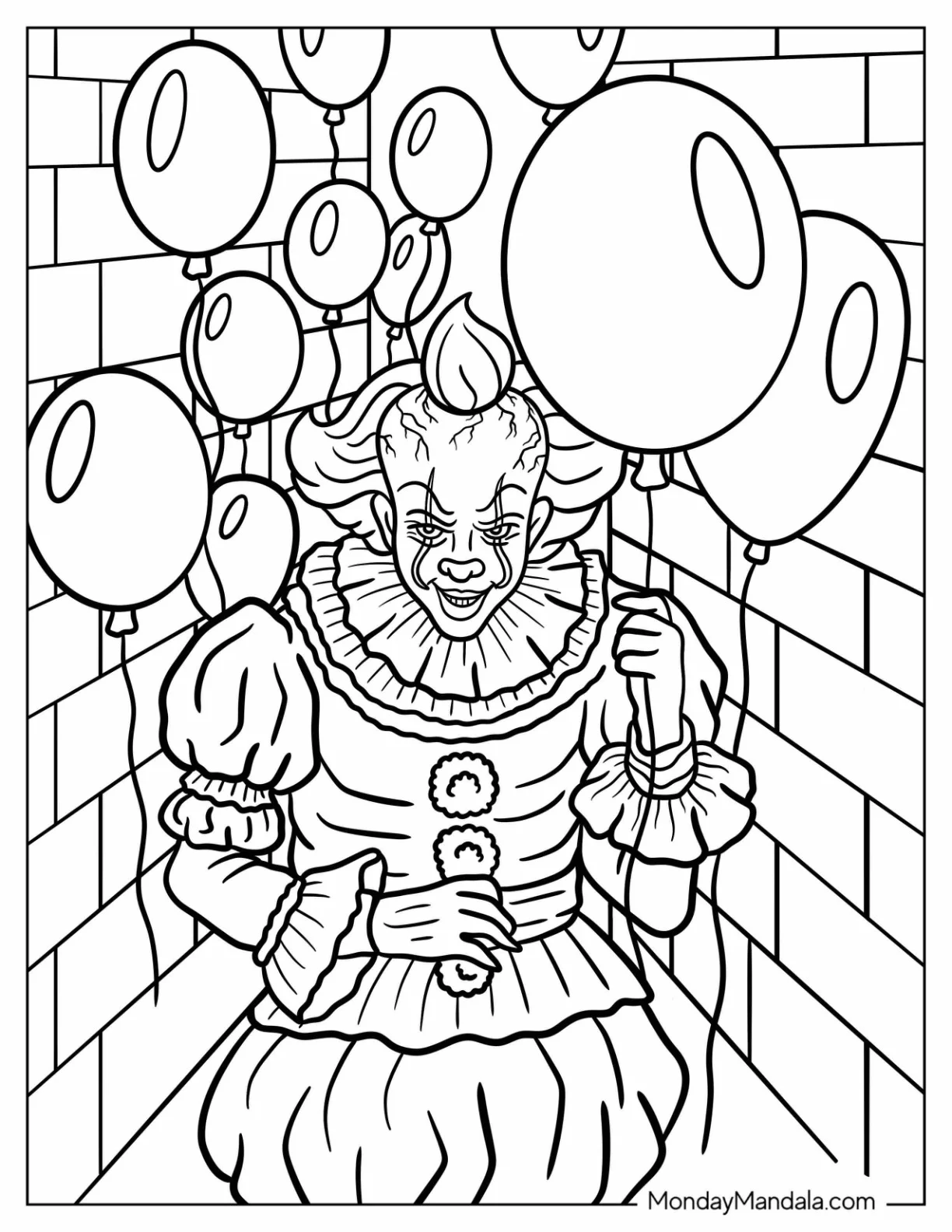 Pennywise Surrounded By Balloons Coloring Page coloring page — printable line art