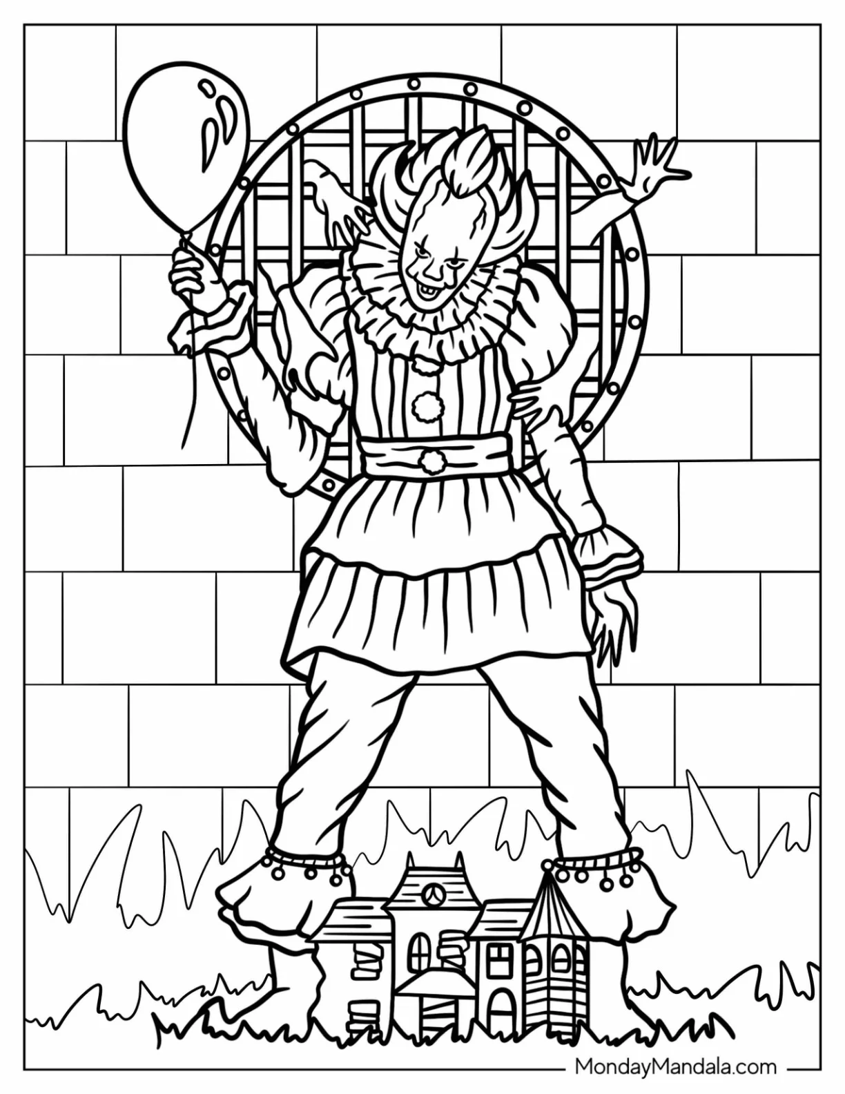 Terrifying Pennywise Coloring Page Holding A Balloon In Front Of A Sewer coloring page
