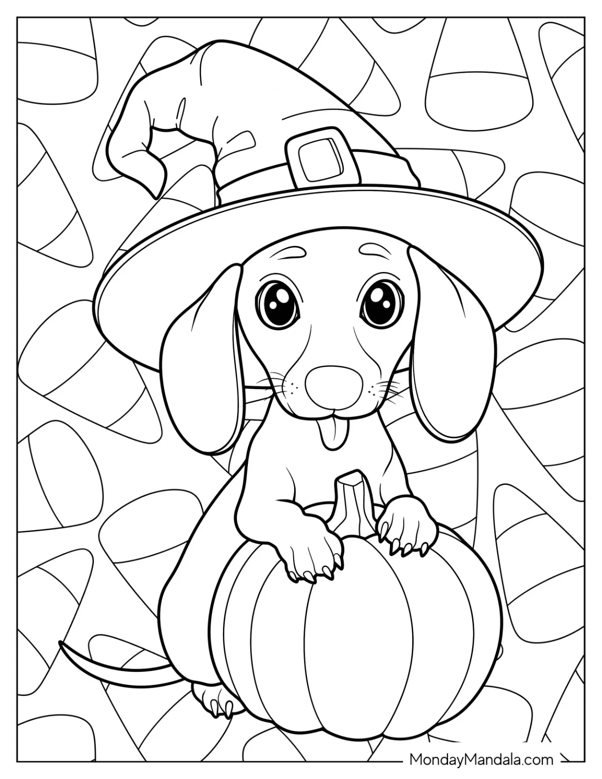 Adorable Puppy Wearing A Witch Hat While Hugging A Pumpkin Coloring Page coloring page
