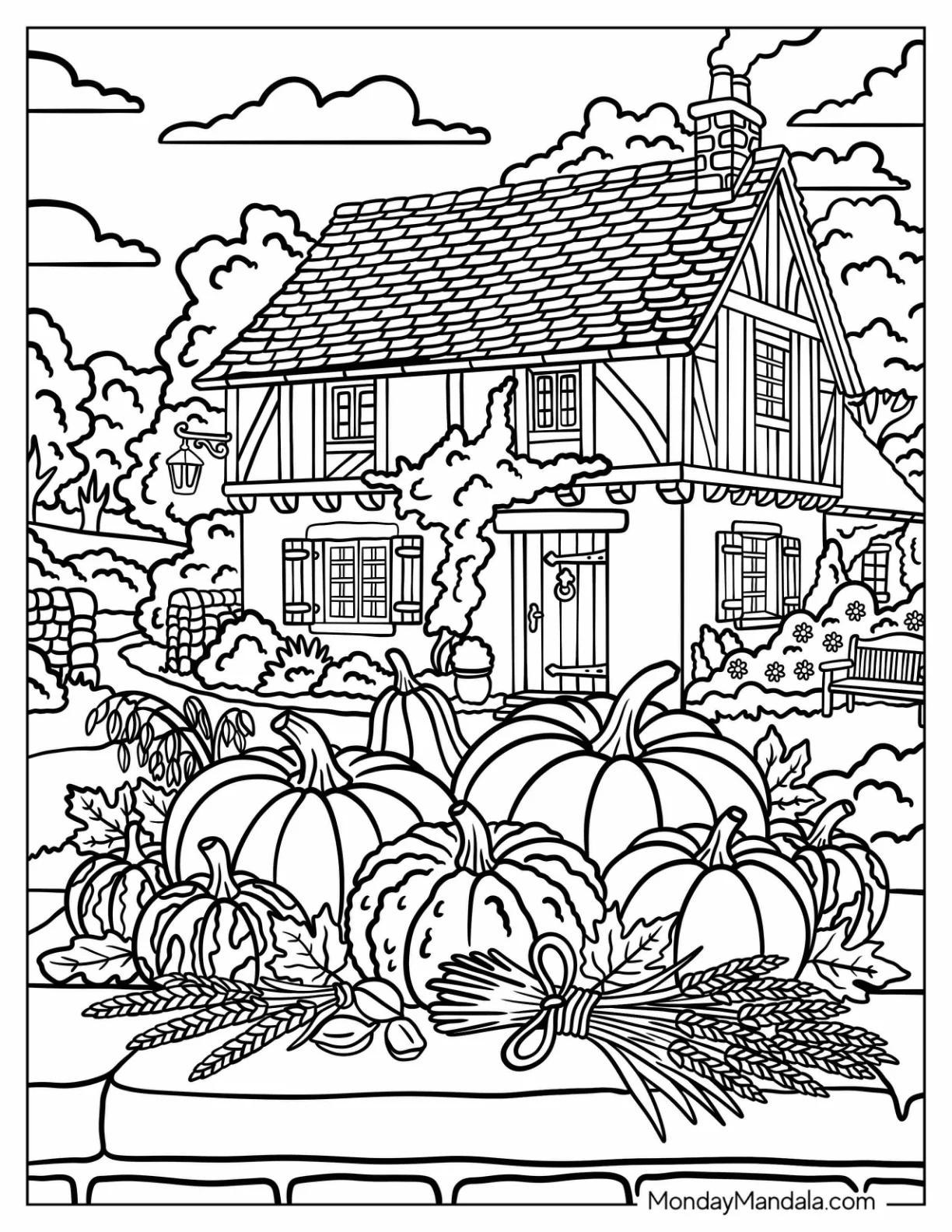 Barn House with a Pretty Pumpkin Patch Coloring Page coloring page