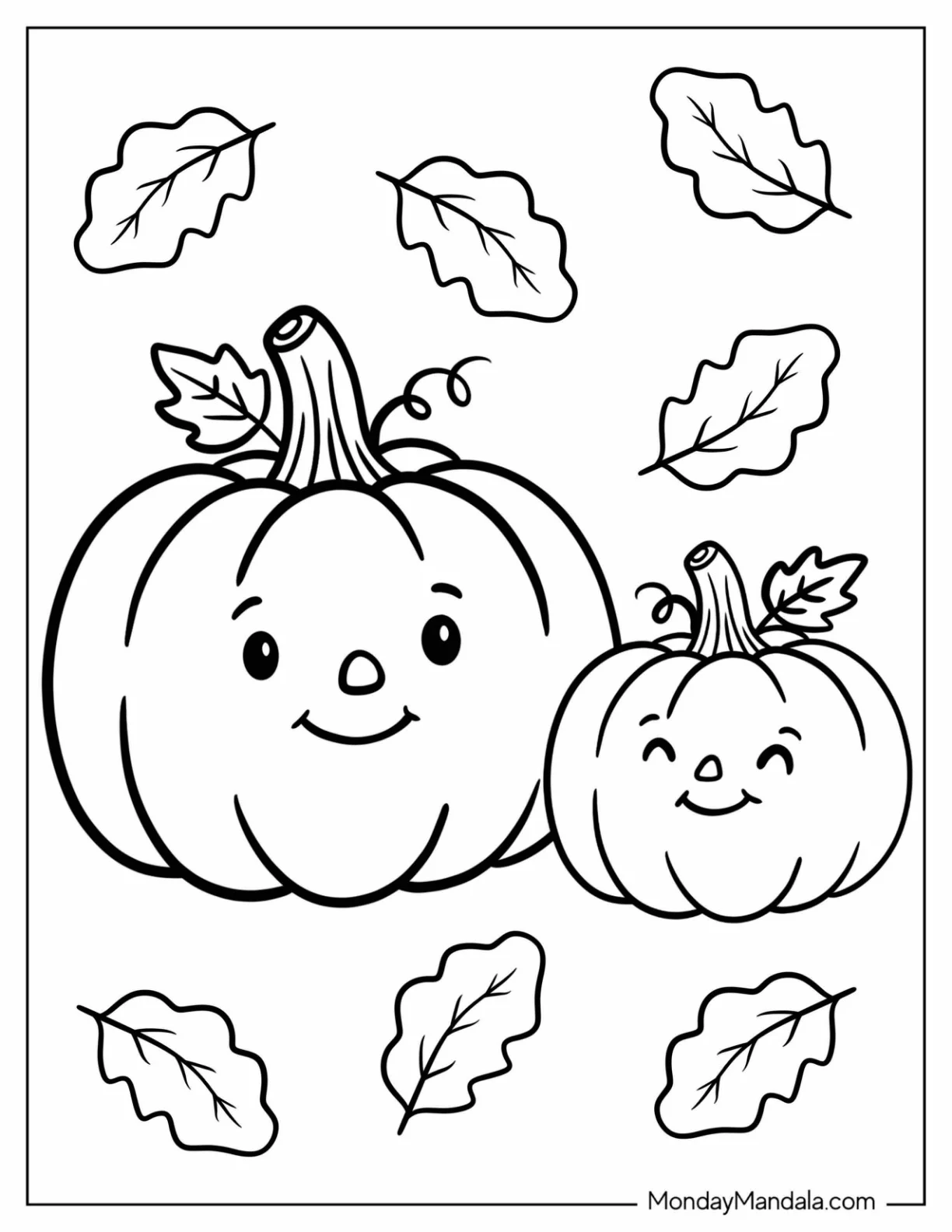 Big Pumpkin Next to a Small Pumpkin with Autumn Leaves coloring page