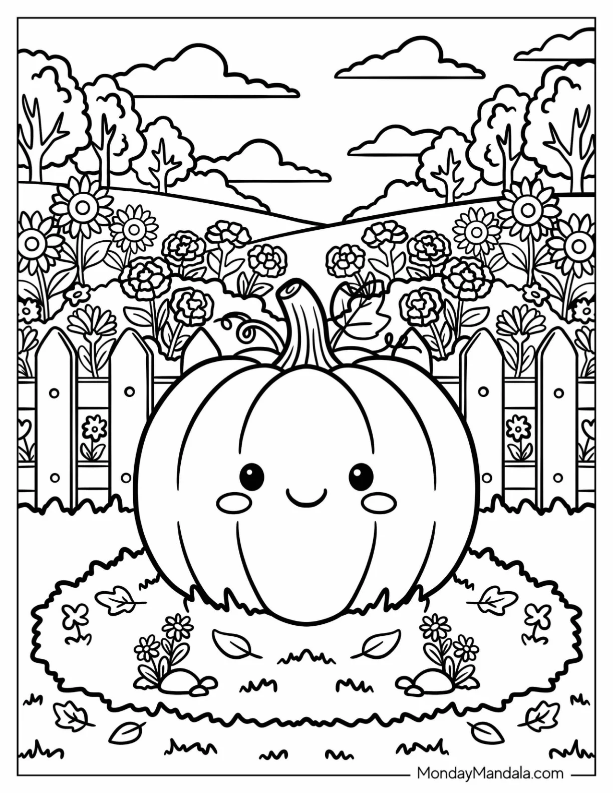Cartoon Pumpkin in a Garden Coloring Page for Kids coloring page