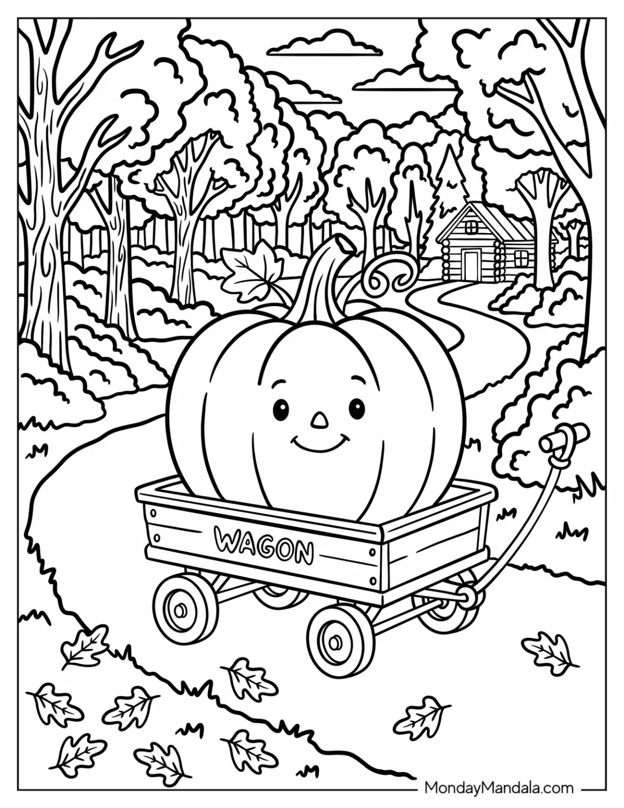 Cartoon Pumpkin in a Wagon Coloring Page for Kids coloring page