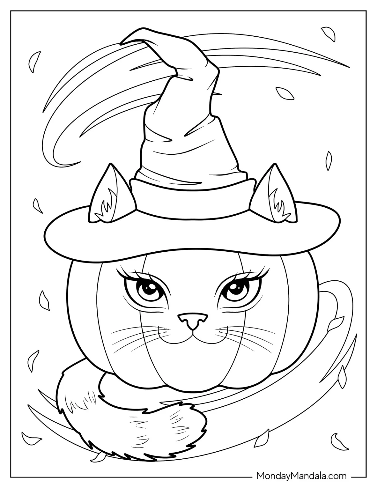 Cat Pumpkin Coloring Page Wearing A Witch Hat coloring page