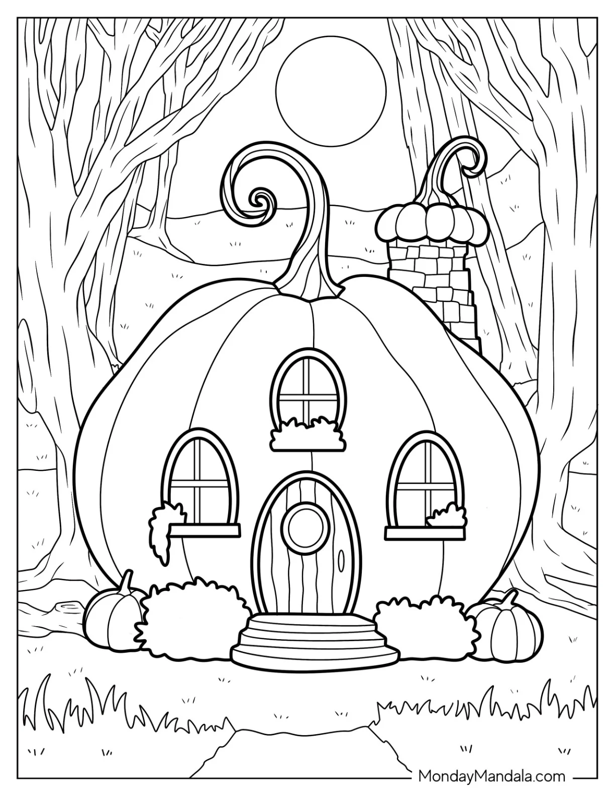 Cottagecore Pumpkin Coloring Page House In The Forest coloring page