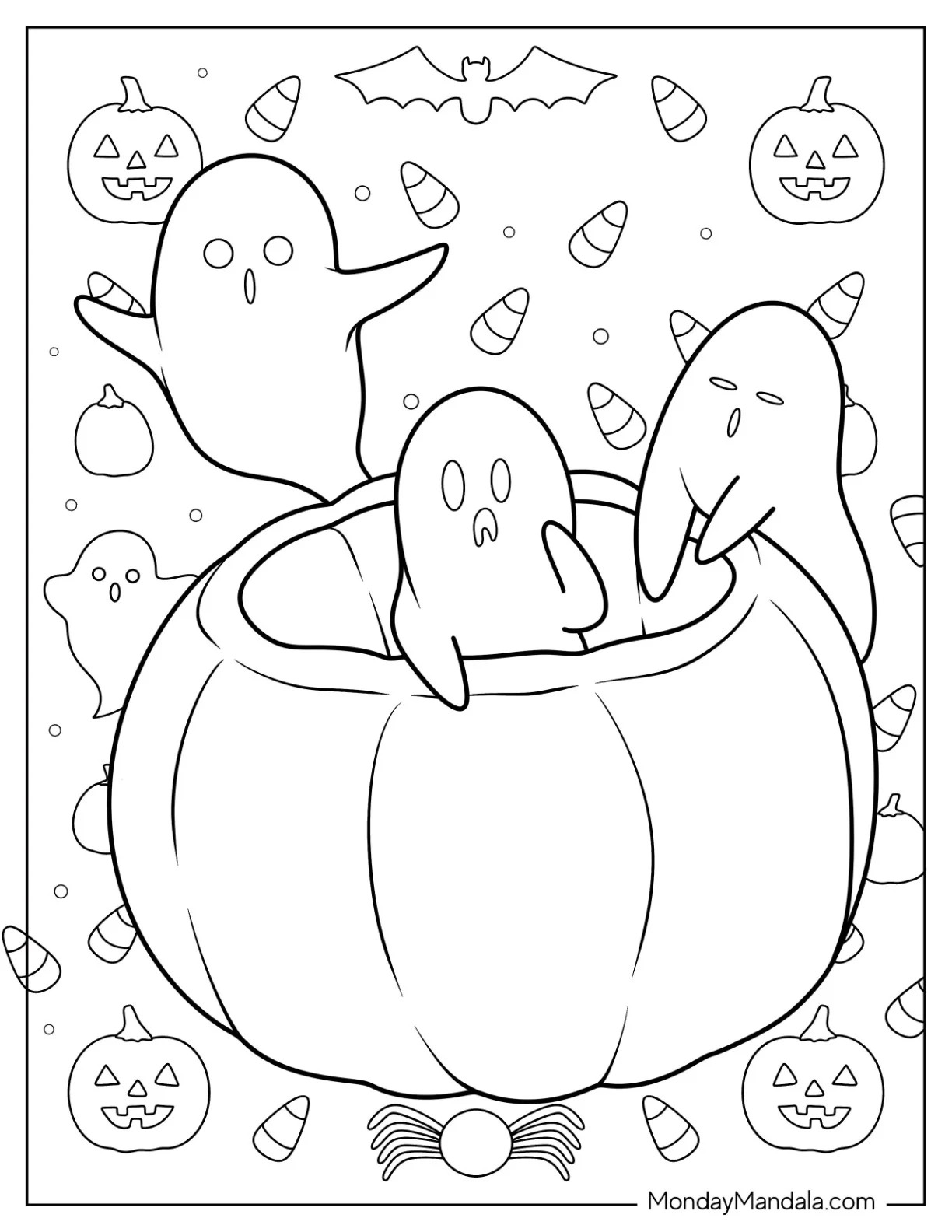 Cute Ghosts Coming Out Of A Pumpkin Coloring Page For Kids coloring page