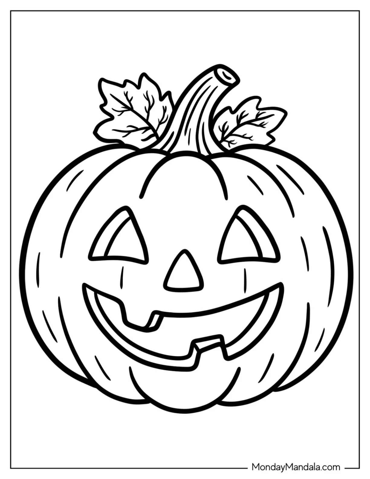 Easy Jack o Lantern Pumpkin with Leafy Stem Coloring Page for Kids coloring page
