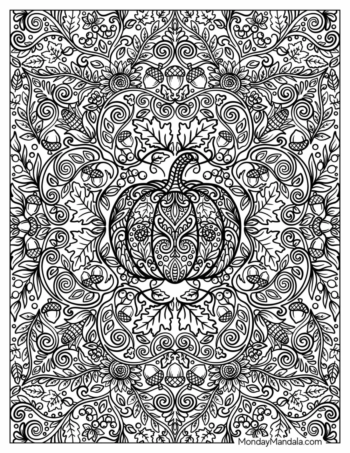 Elegant Pumpkin Mandala with Acorns and Leaves coloring page — printable line art