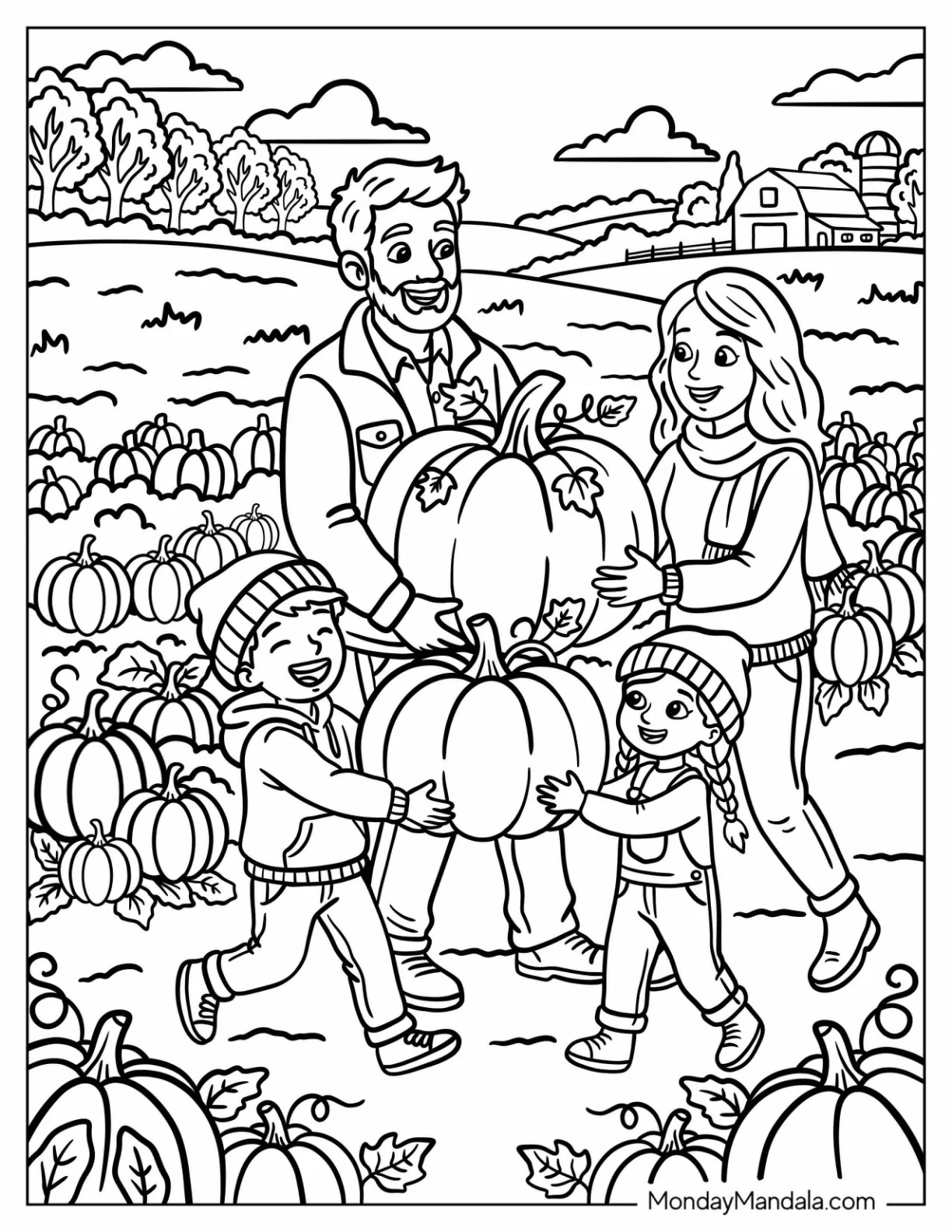Family of Four Carrying Large Pumpkins in Autumn coloring page — printable line art