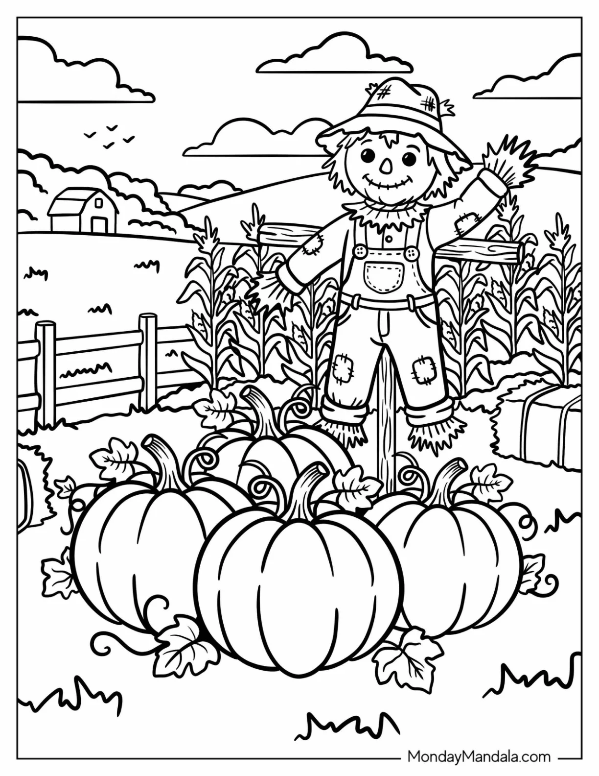 Four Large Pumpkins in Front of a Scarecrow Coloring Page for Kids coloring page