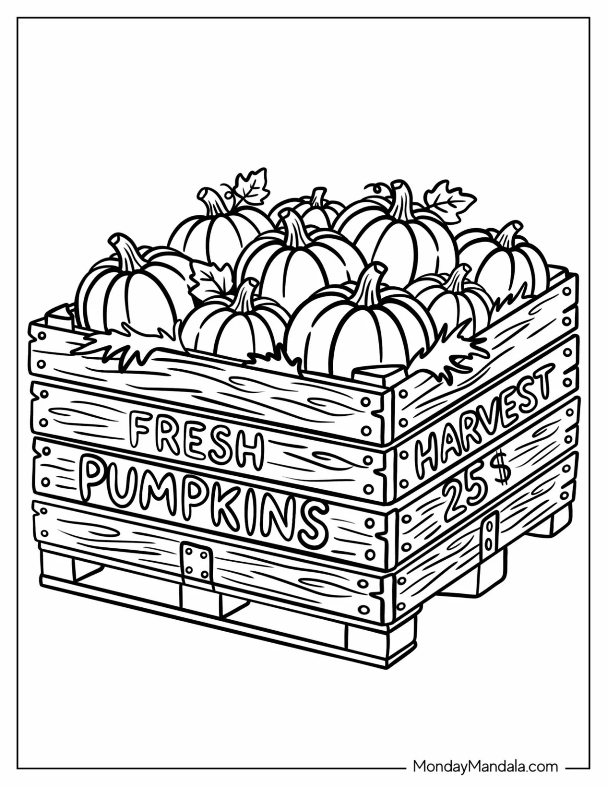 Fresh Pumpkins in a Crate Coloring Sheet coloring page — printable line art
