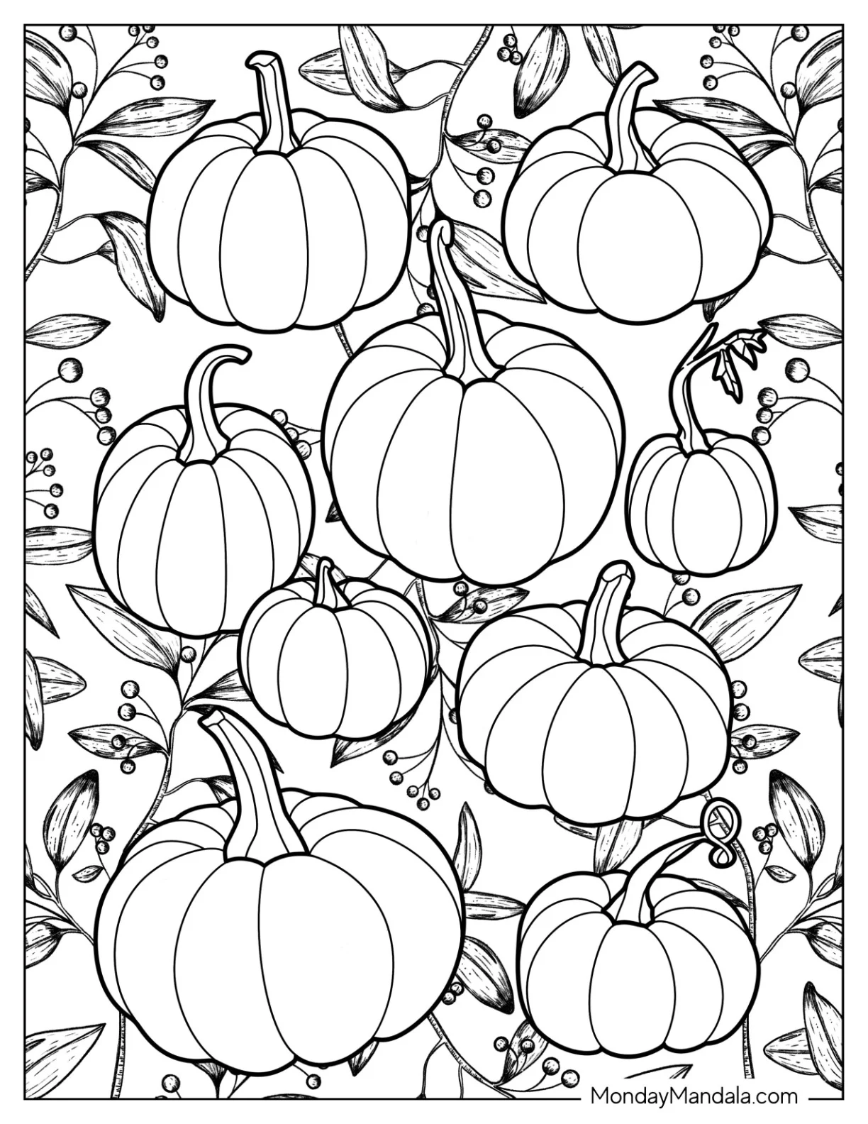 Full Page Realistic Pumpkin Coloring Page With Leaves coloring page