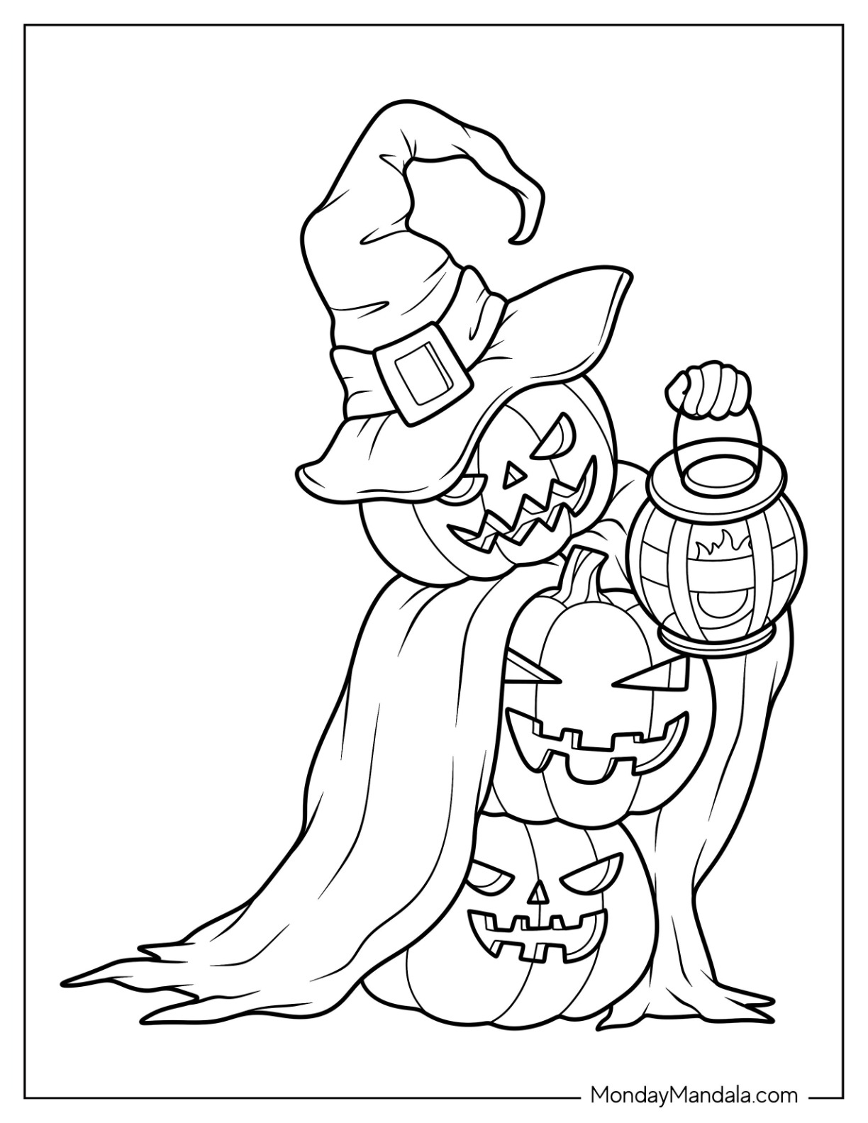 Ghost Pumpkin Coloring Page With Cape And Witch Hat Holding A Lantern coloring page
