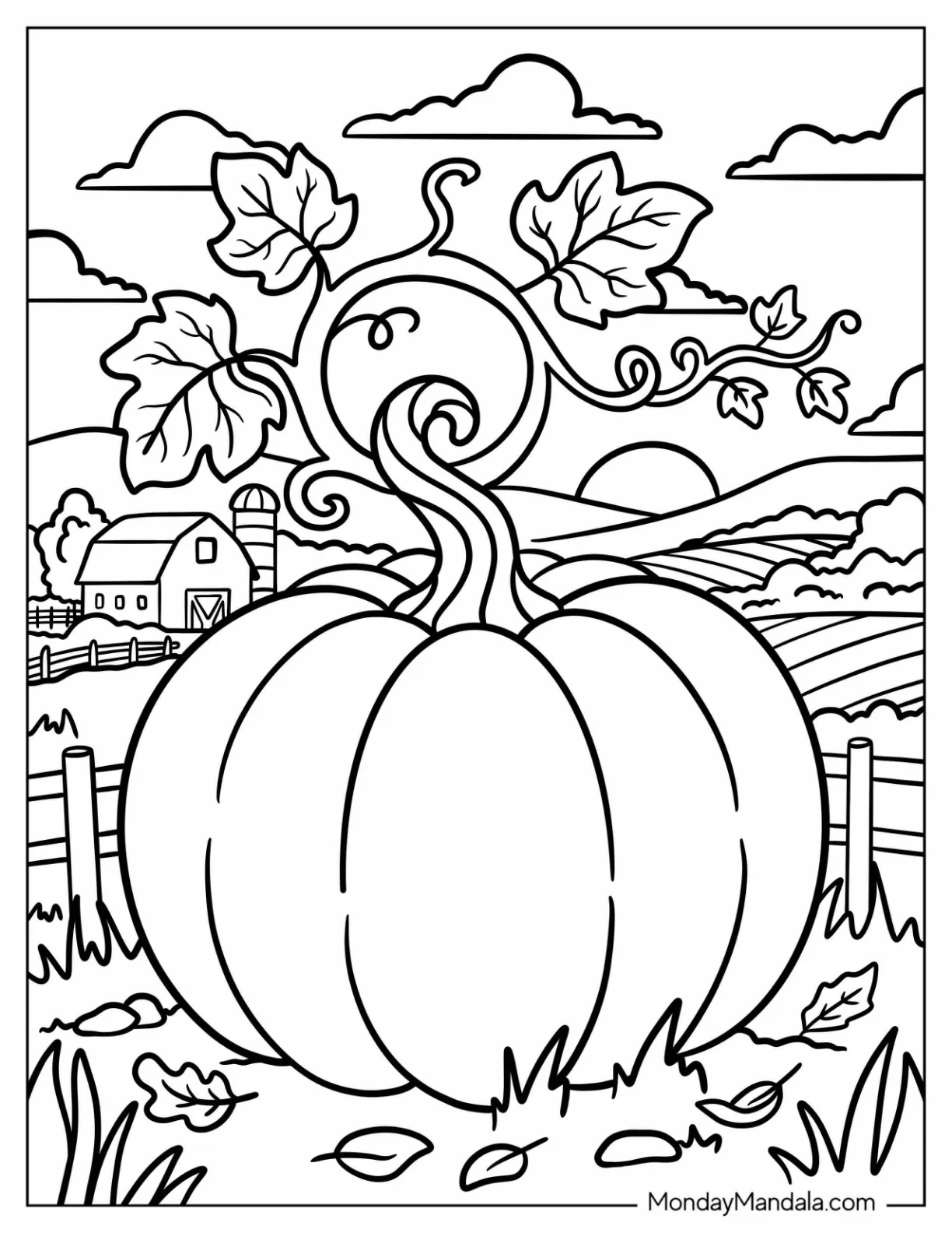 Giant Pumpkin with Leafy Stem in a Farm Coloring Page coloring page