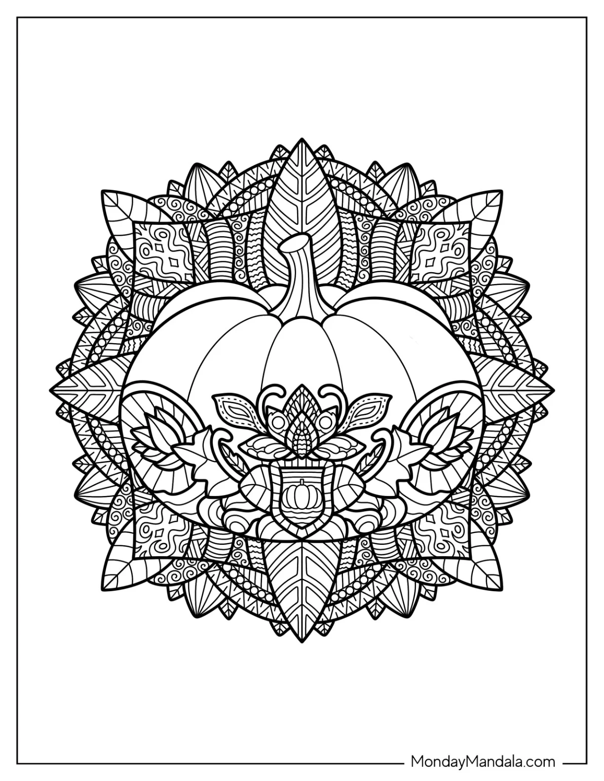 Intricate Pumpkin Coloring Page Mandala With Leaves coloring page