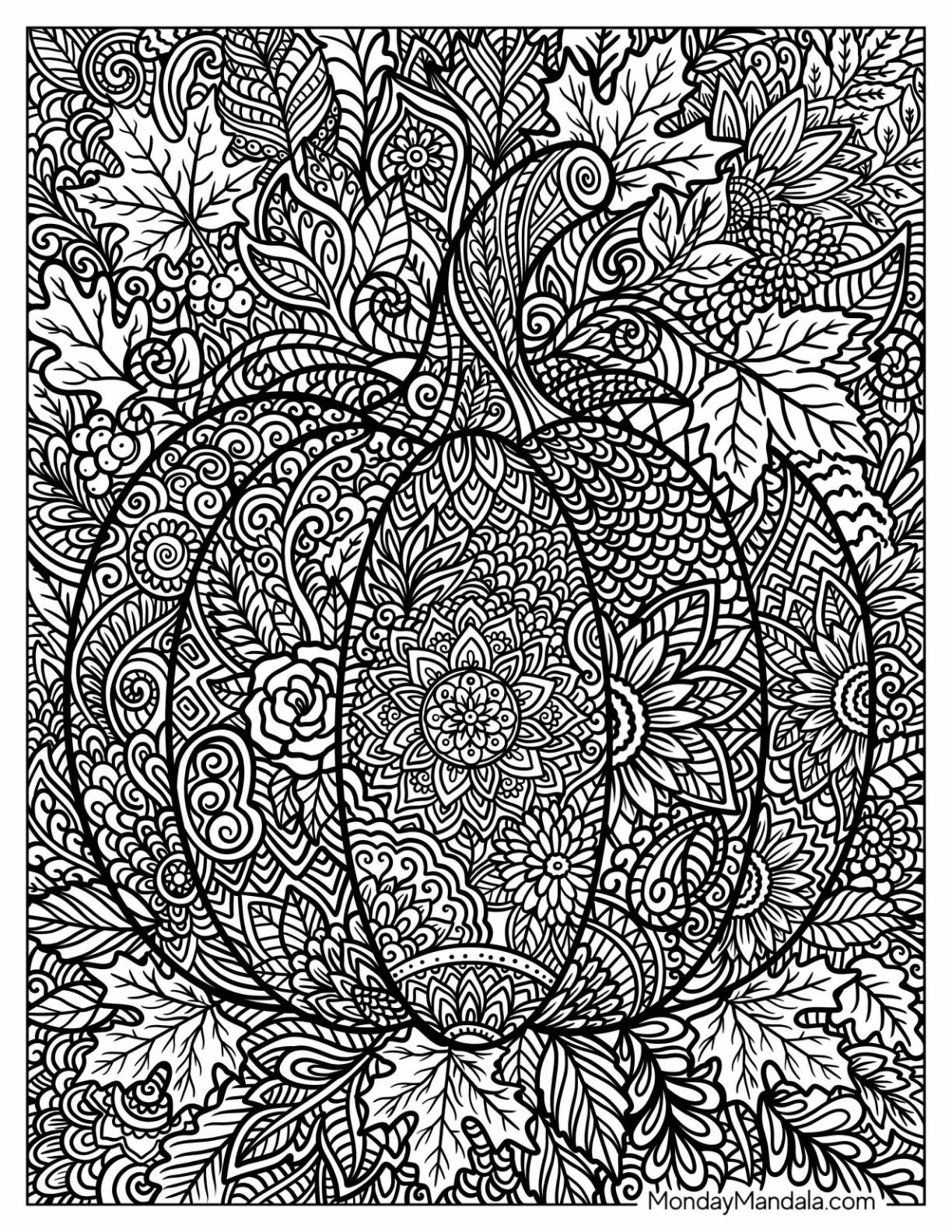 Intricate Pumpkin Mandala with Leaves Coloring Sheet coloring page