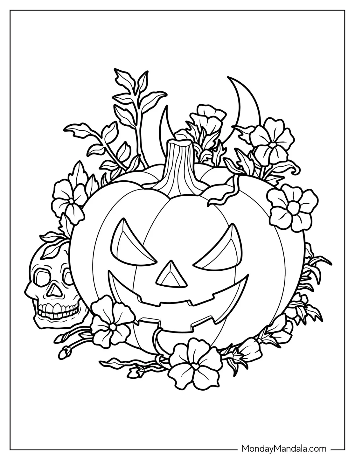 Jack O Lantern Pumpkin Coloring Page With A Skull And Flowers coloring page