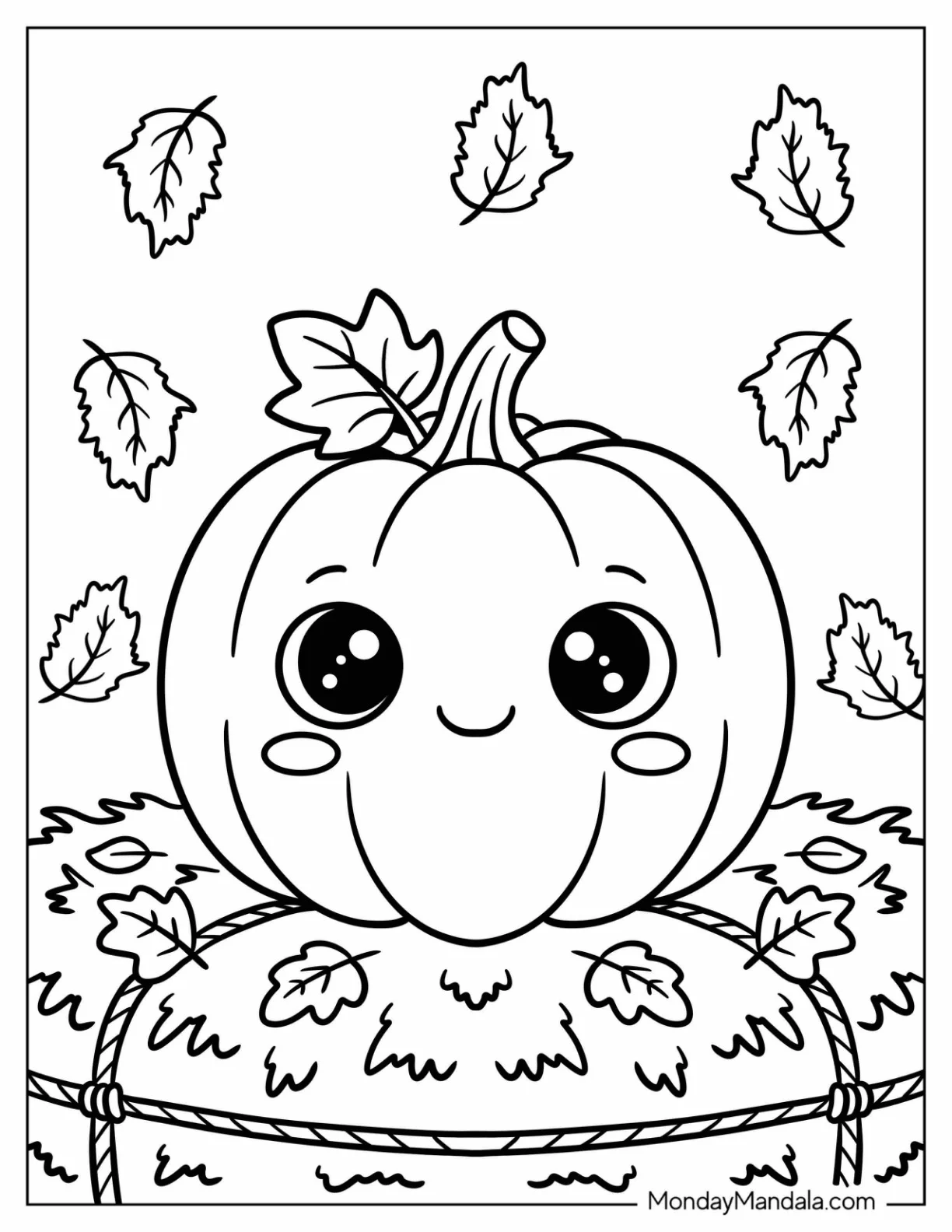 Kawaii Pumpkin on a Bed of Leaves Coloring Page for Kids coloring page