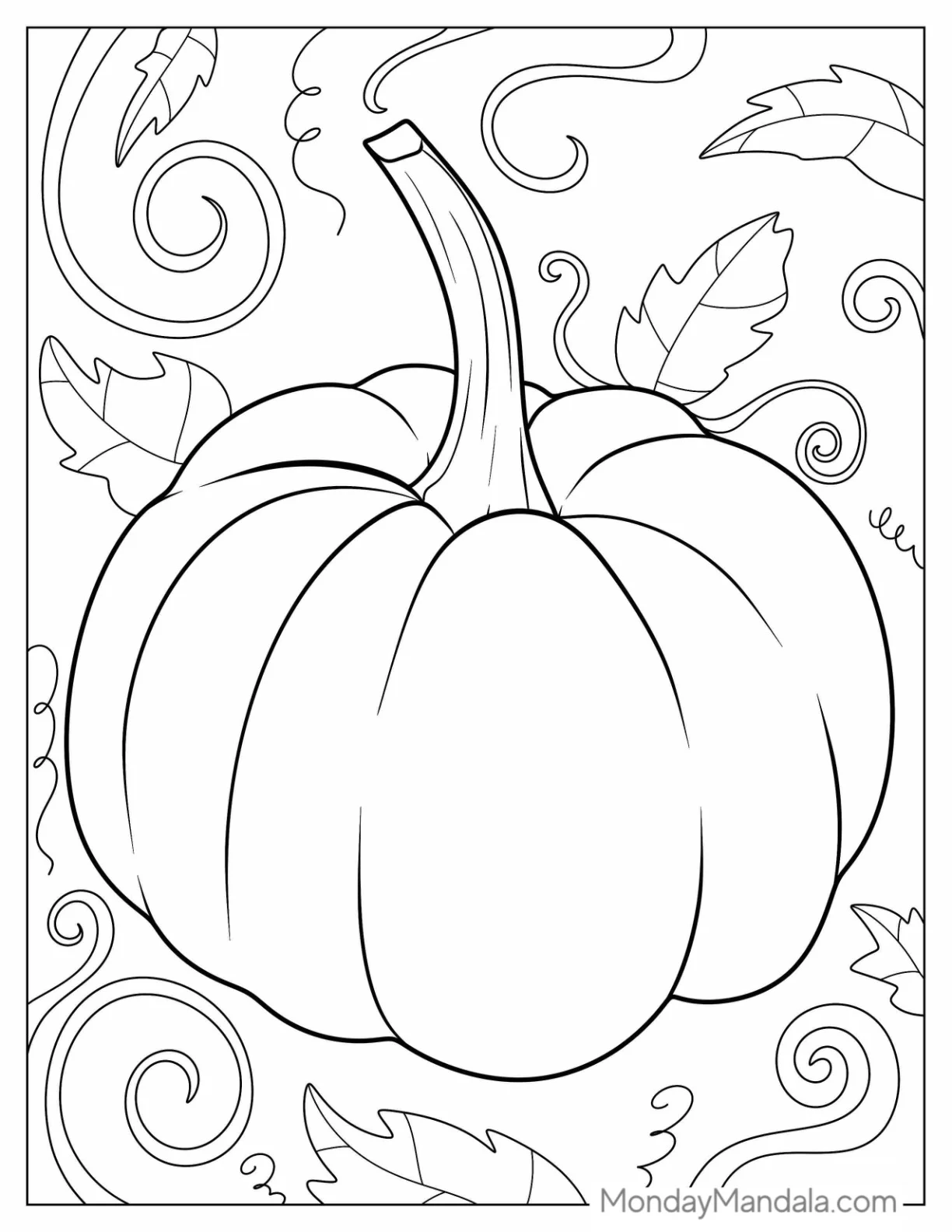 Large Pumpkin Coloring Page With Leaves To Color coloring page