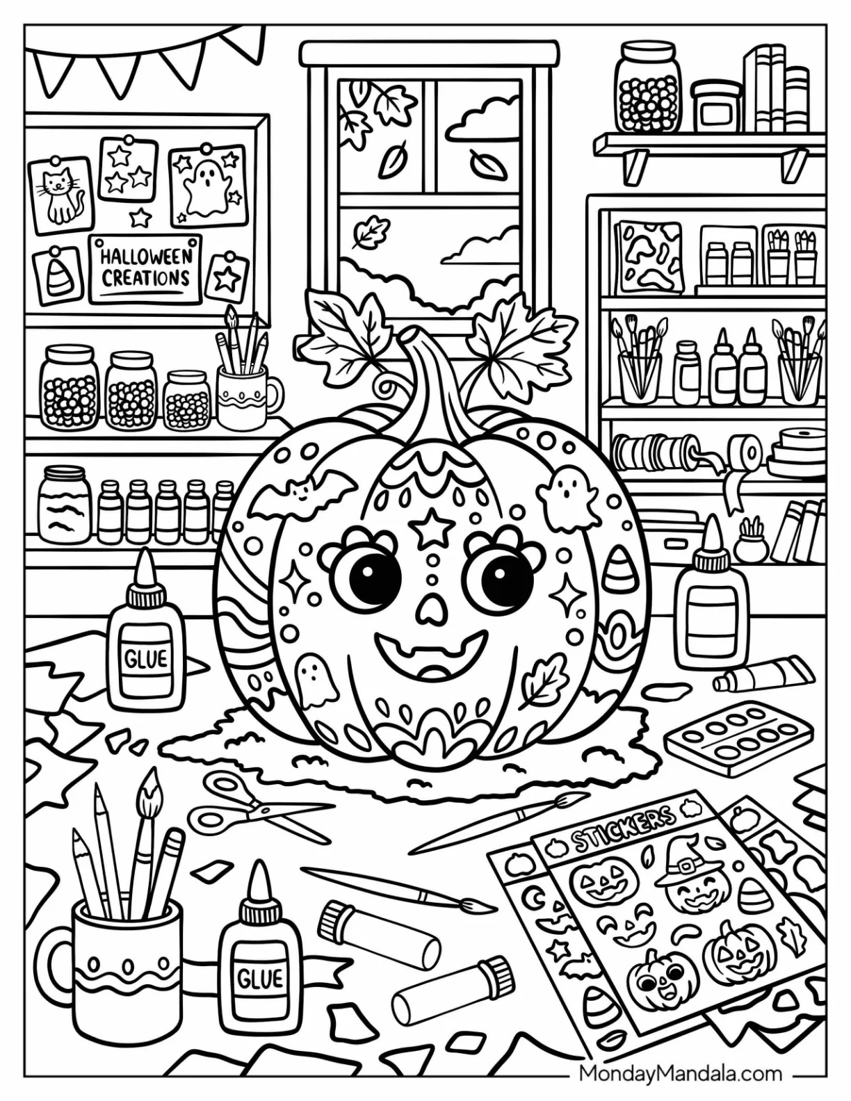 Painted Halloween Pumpkin in an Art Room Coloring Page coloring page