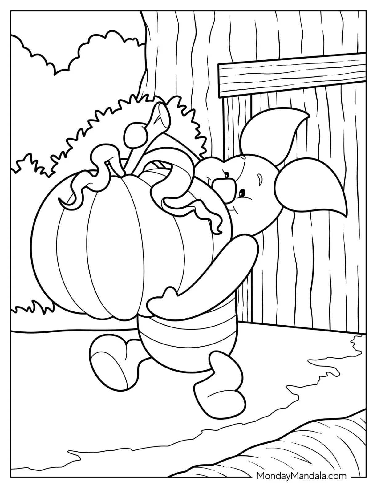 Piglet Carrying A Large Pumpkin Coloring Page For Kids coloring page