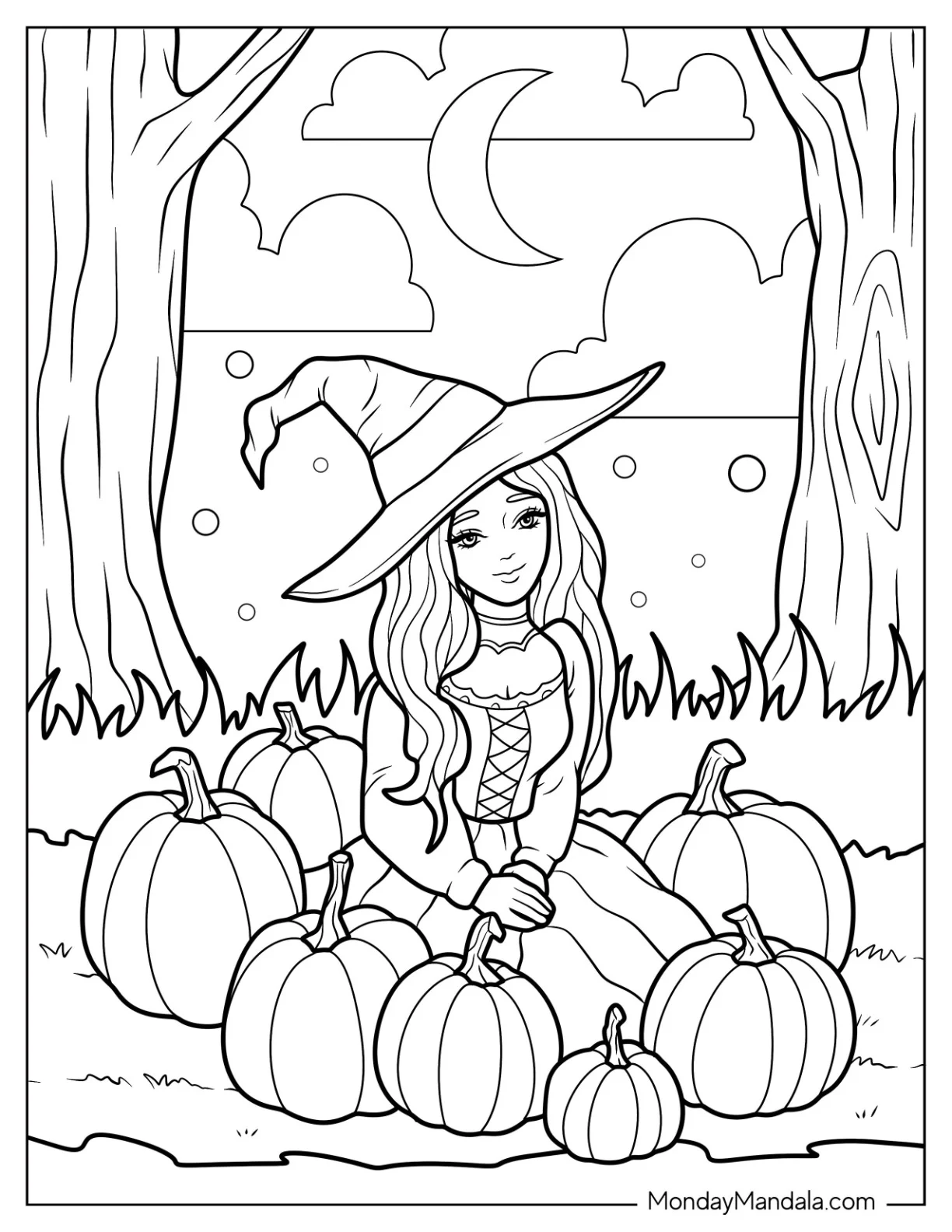 Pretty Witch Surrounded By Numerous Pumpkin Coloring Page coloring page — printable line art