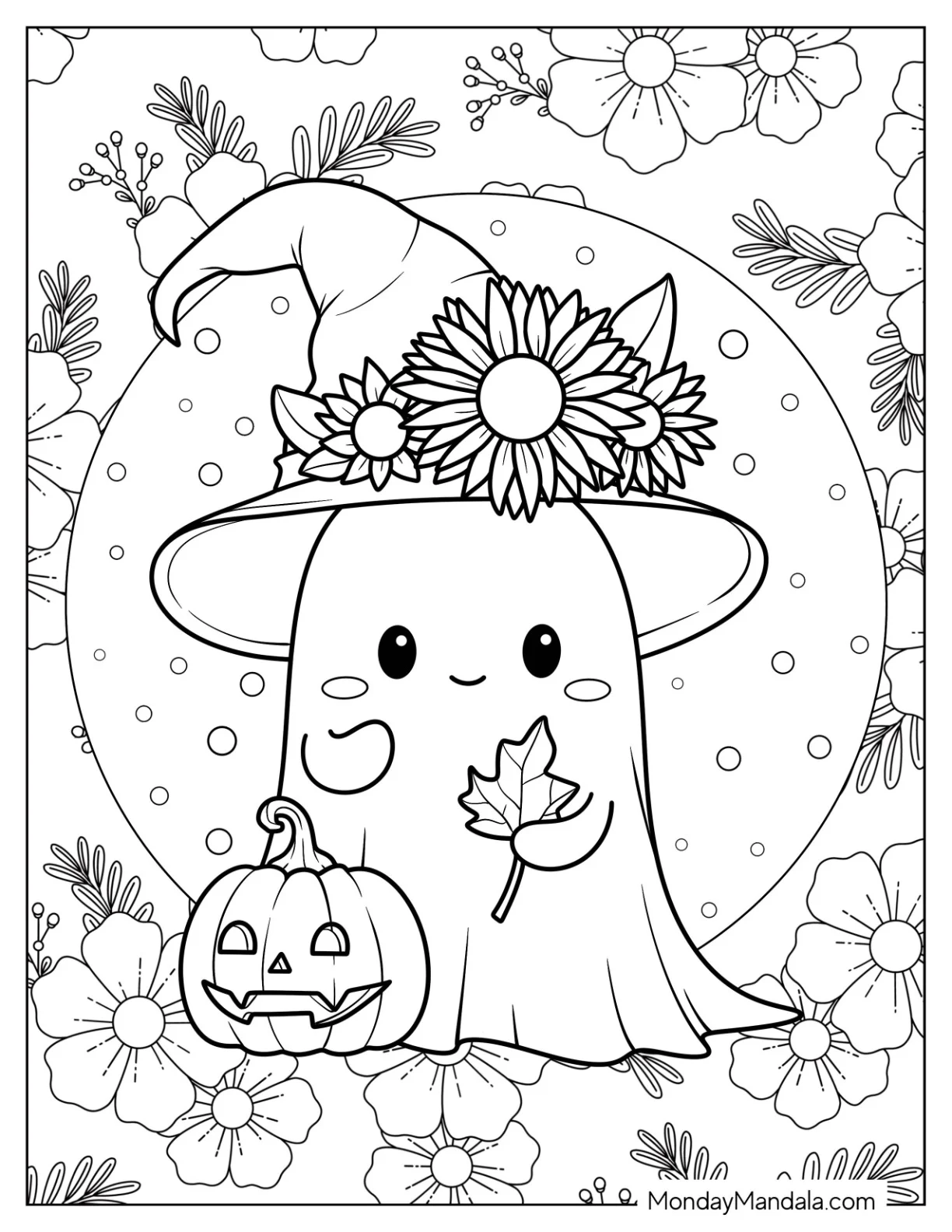 Pumpkin Coloring Page Kawaii Blanket Ghost With Witch Hat, Flowers, And Pumpkin coloring page